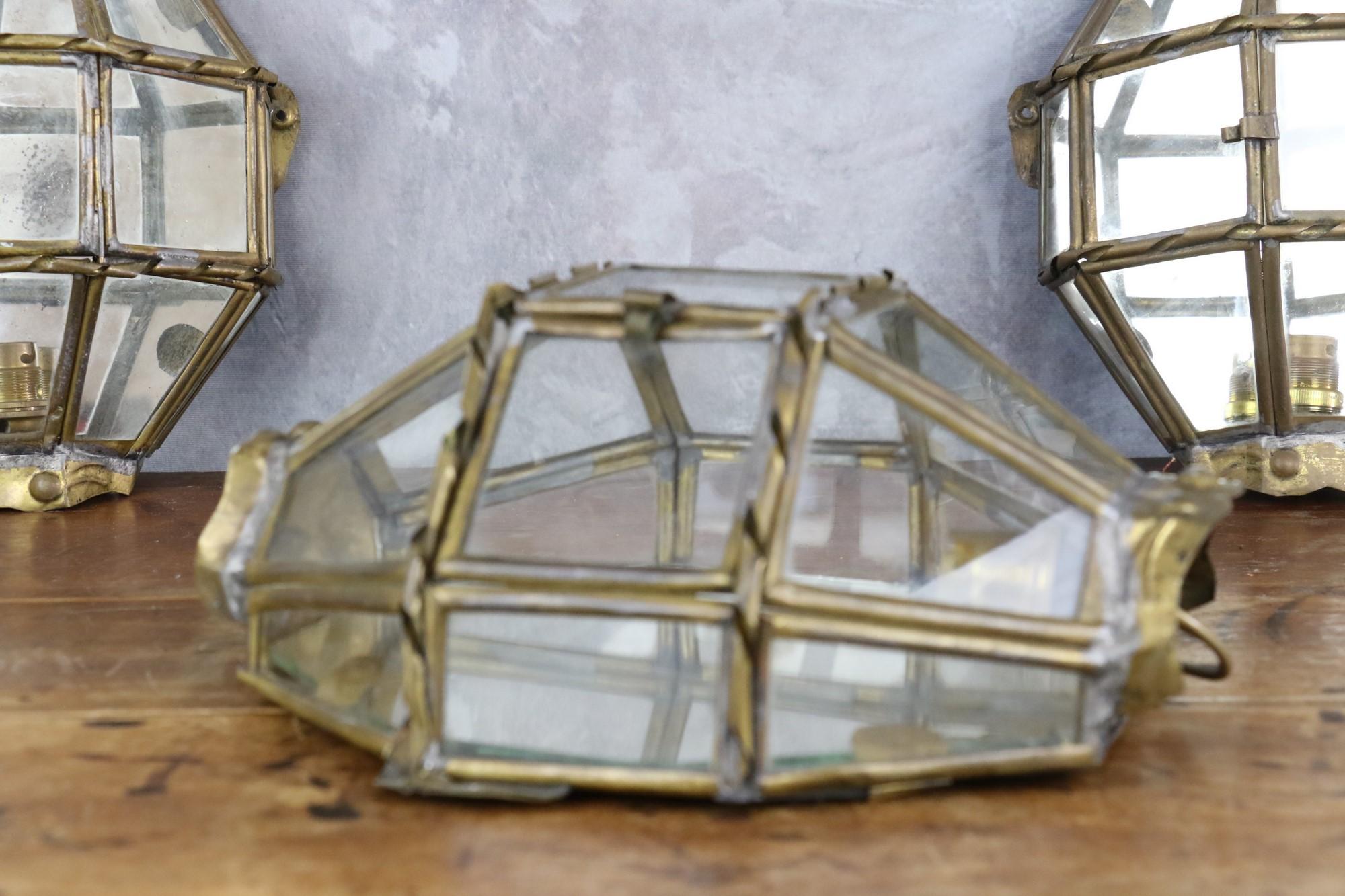 Mid-Century Modern Trio of Brass and Glass Vintage Handcrafted Lantern Wall Lamps, 1940s, France For Sale