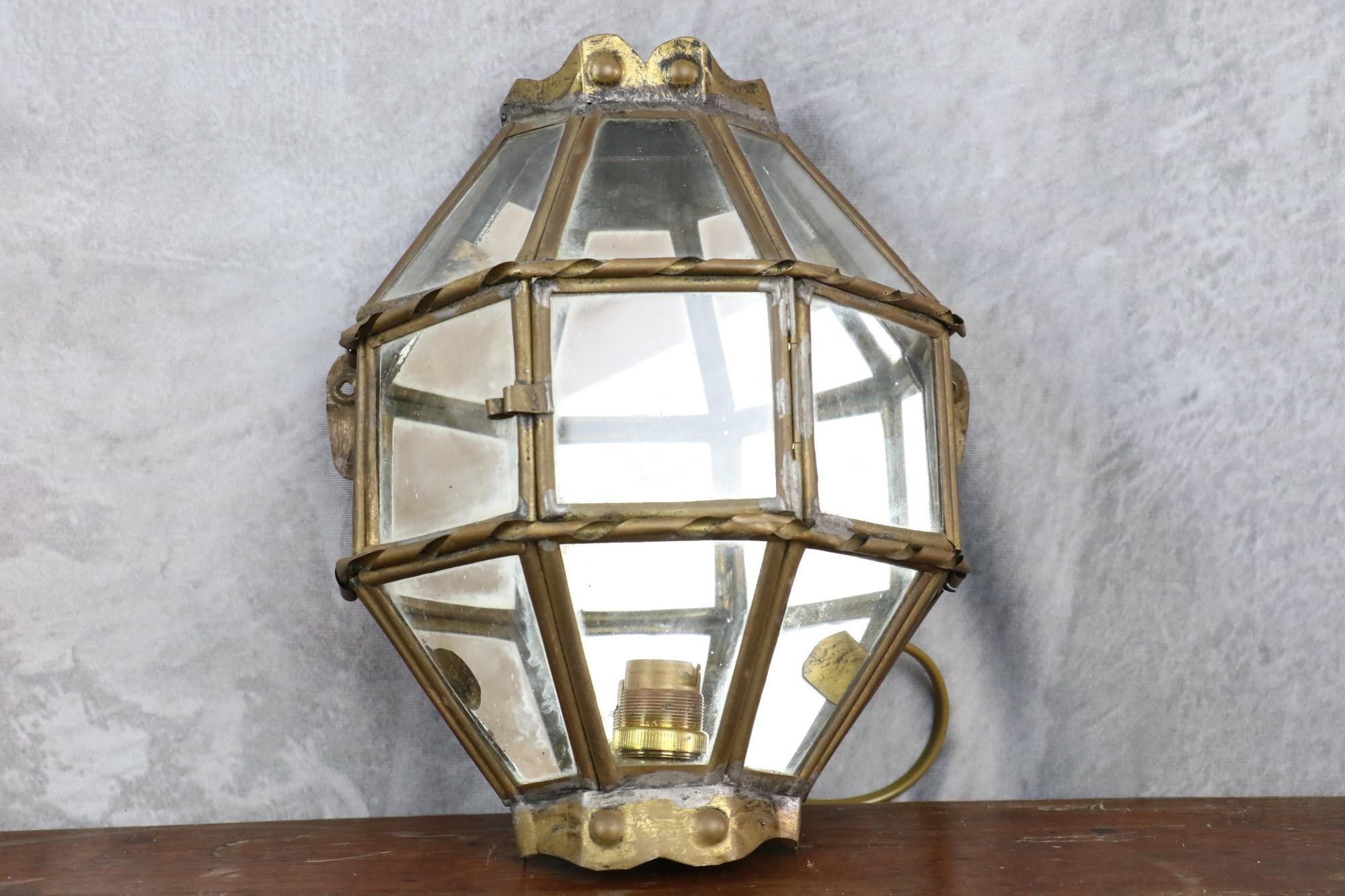 French Trio of Brass and Glass Vintage Handcrafted Lantern Wall Lamps, 1940s, France For Sale