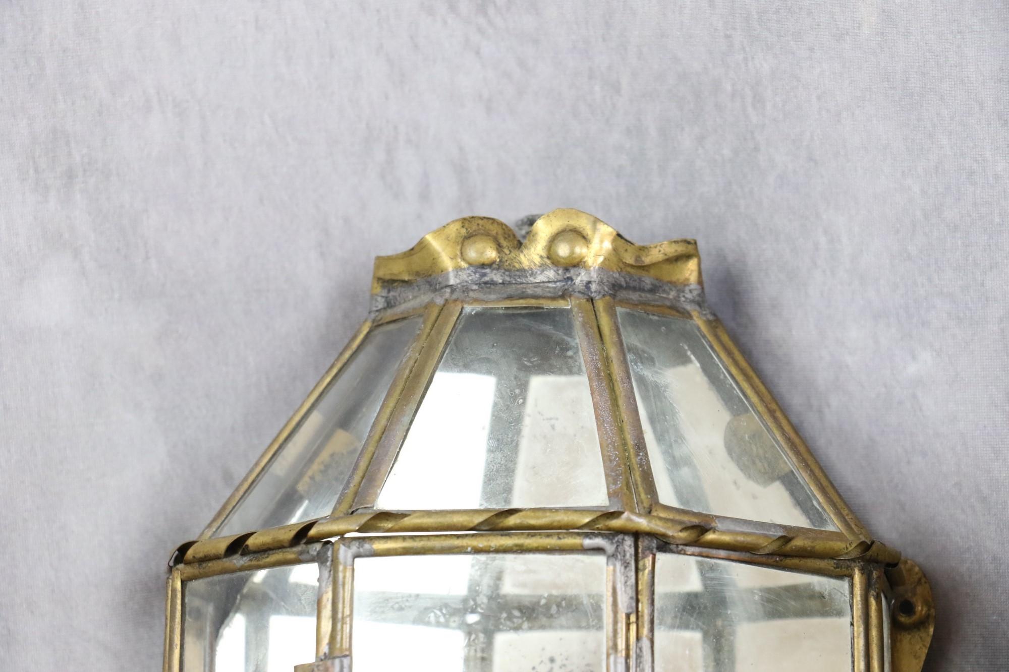 20th Century Trio of Brass and Glass Vintage Handcrafted Lantern Wall Lamps, 1940s, France