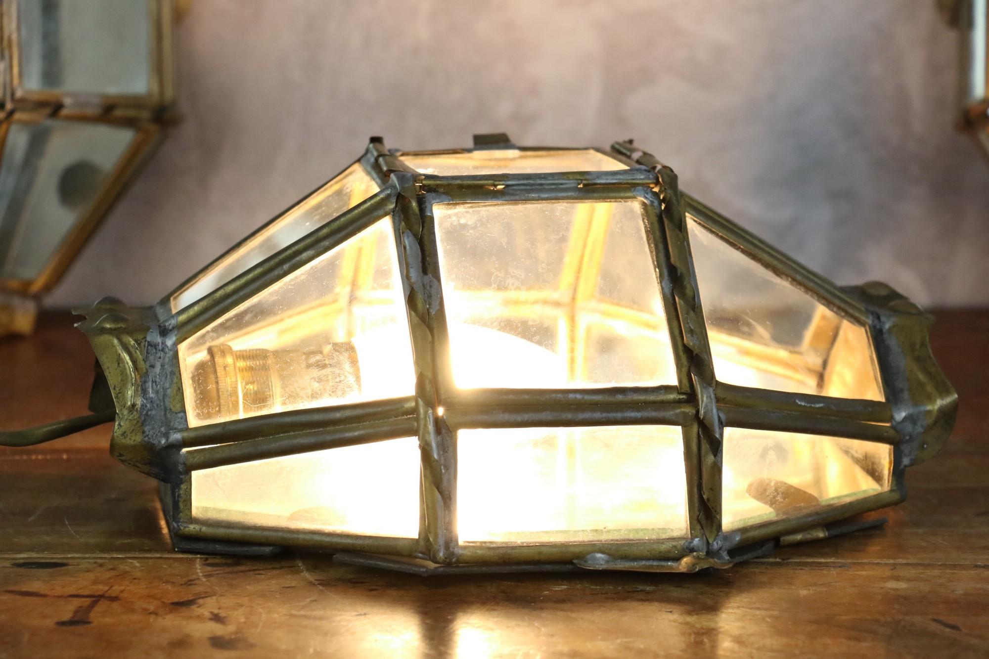 Cut Glass Trio of Brass and Glass Vintage Handcrafted Lantern Wall Lamps, 1940s, France For Sale