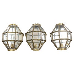 Trio of Brass and Glass Vintage Handcrafted Lantern Wall Lamps, 1940s, France