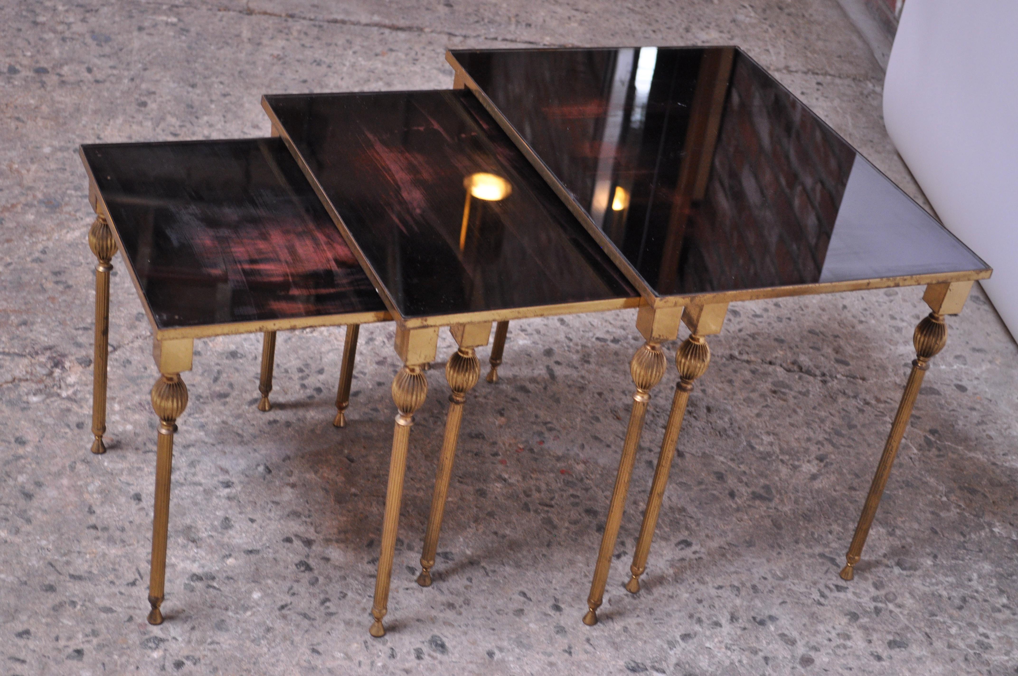 Trio of Brass and Mirror Glass Nesting Tables Attributed to Maison Jansen 5