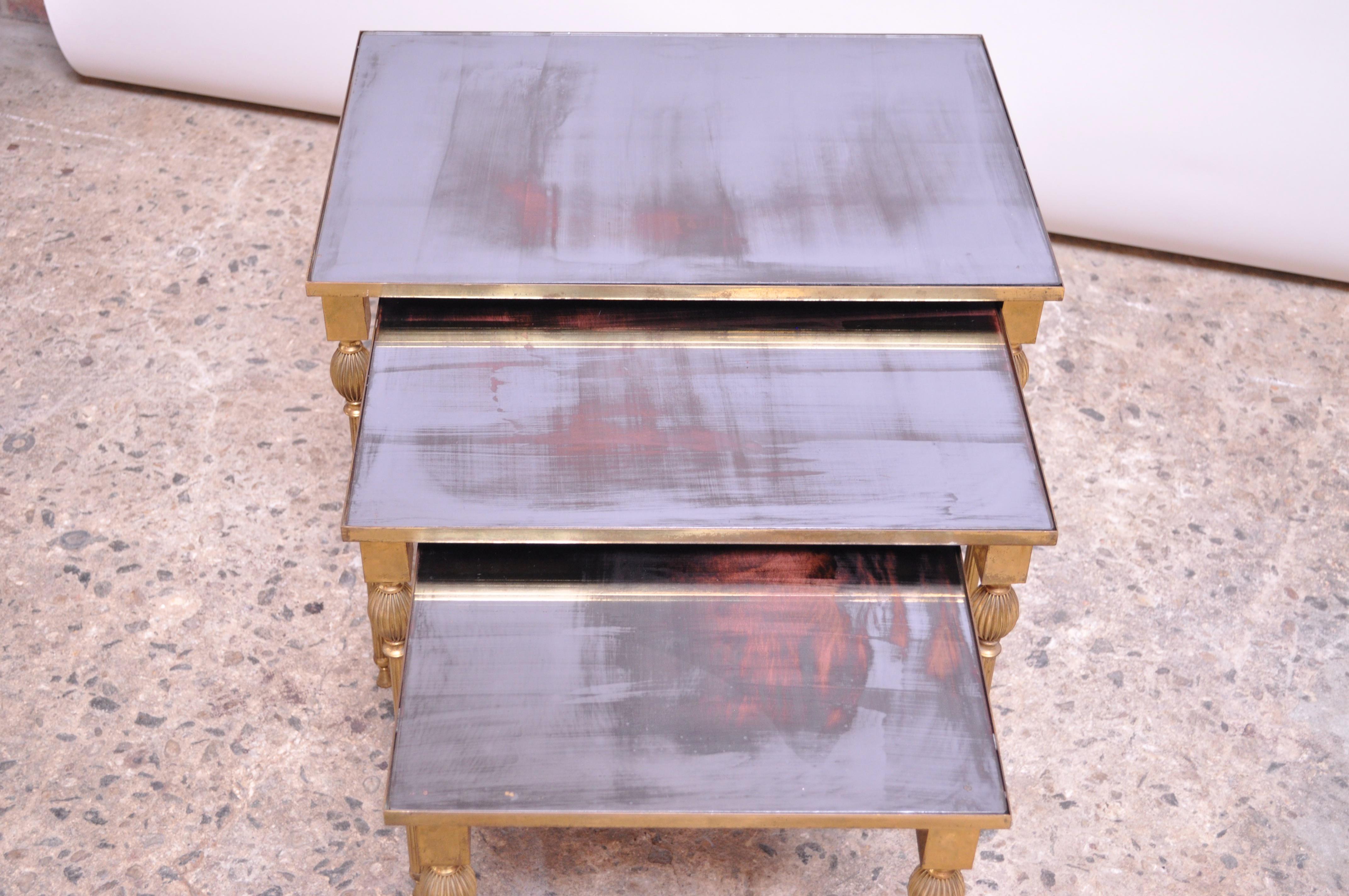 Trio of Brass and Mirror Glass Nesting Tables Attributed to Maison Jansen 3