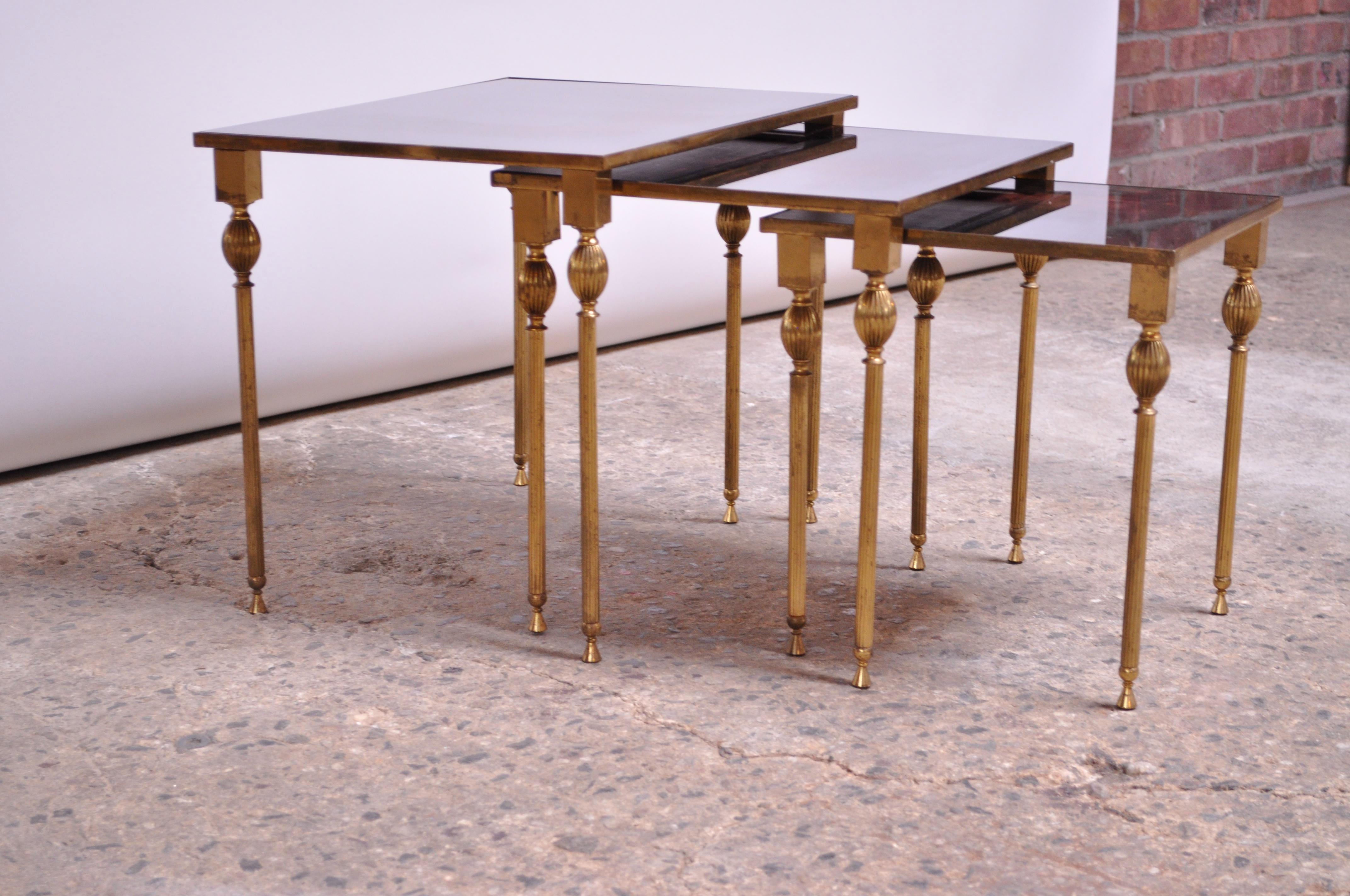 French Trio of Brass and Mirror Glass Nesting Tables Attributed to Maison Jansen
