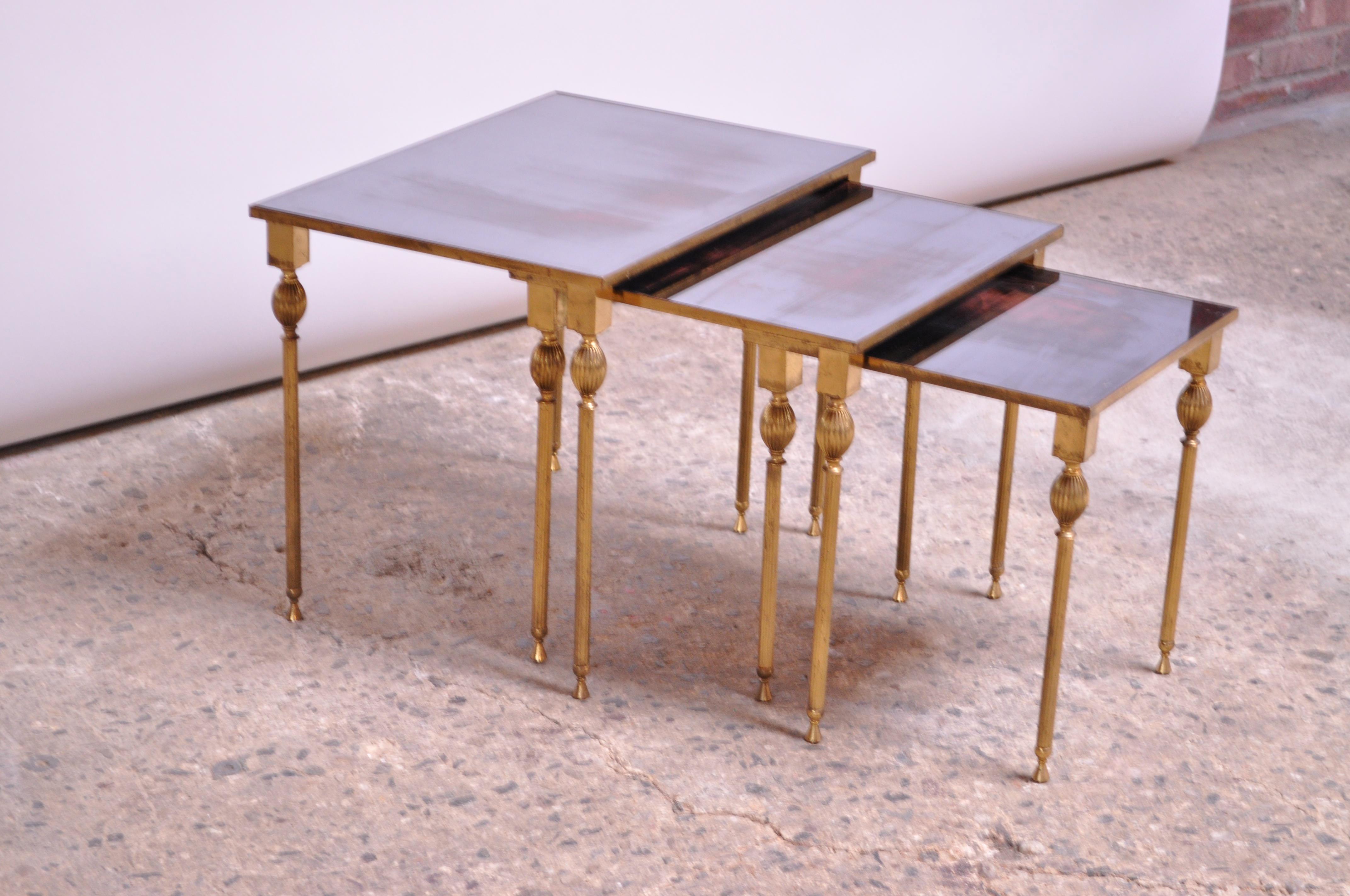 Trio of Brass and Mirror Glass Nesting Tables Attributed to Maison Jansen In Good Condition In Brooklyn, NY