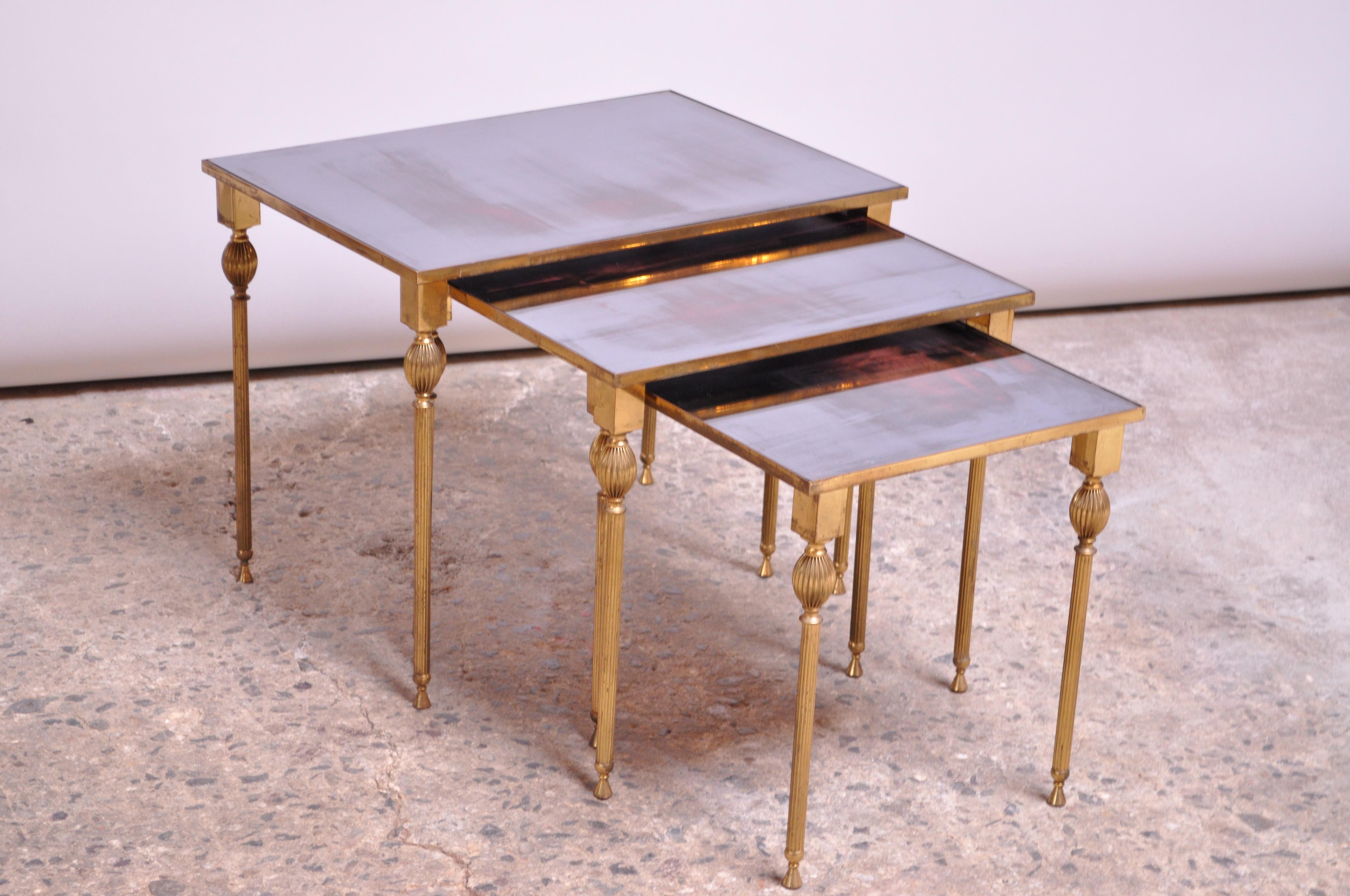 Neoclassical Trio of Brass and Mirror Glass Nesting Tables Attributed to Maison Jansen