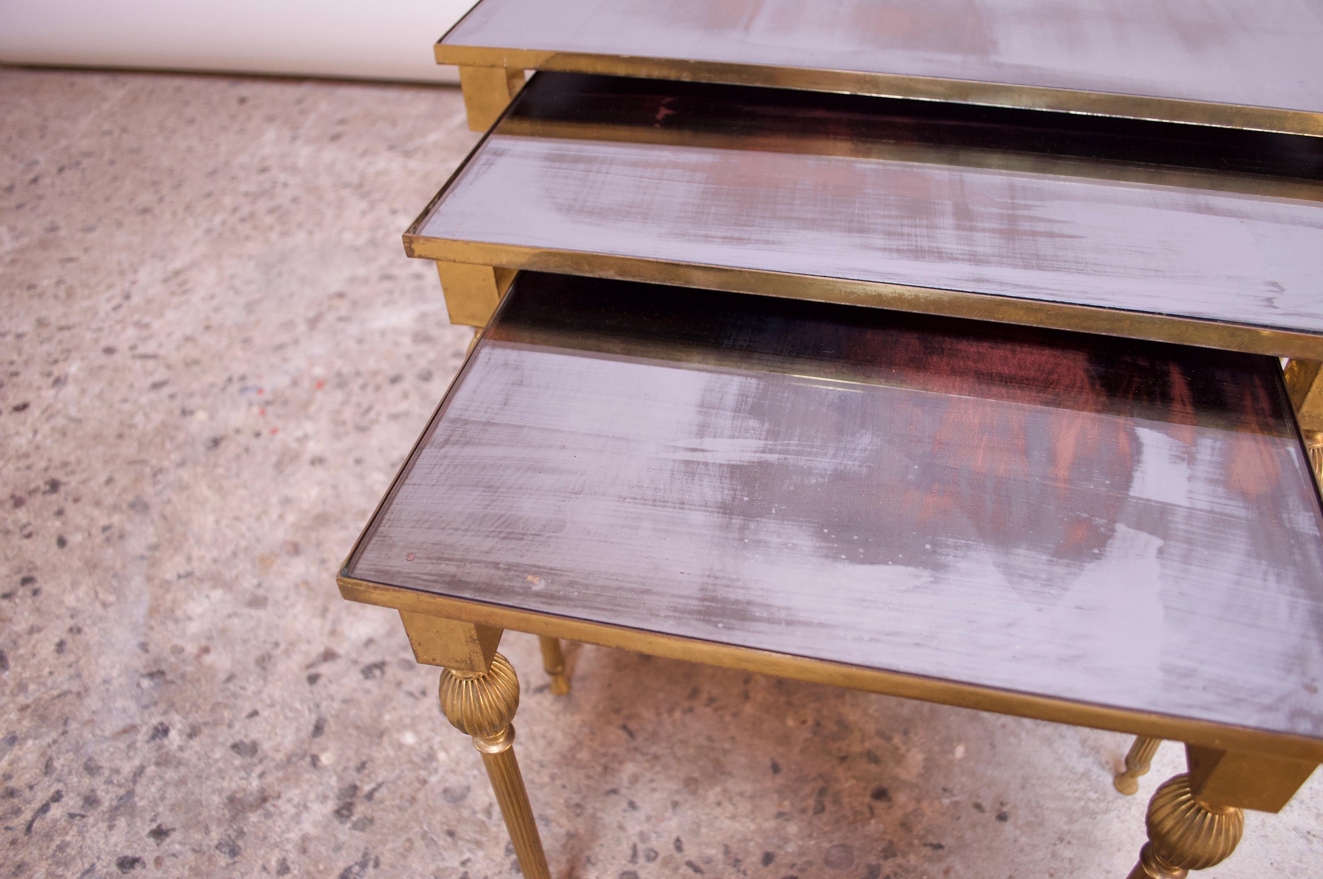 Trio of Brass and Mirror Glass Nesting Tables Attributed to Maison Jansen 4