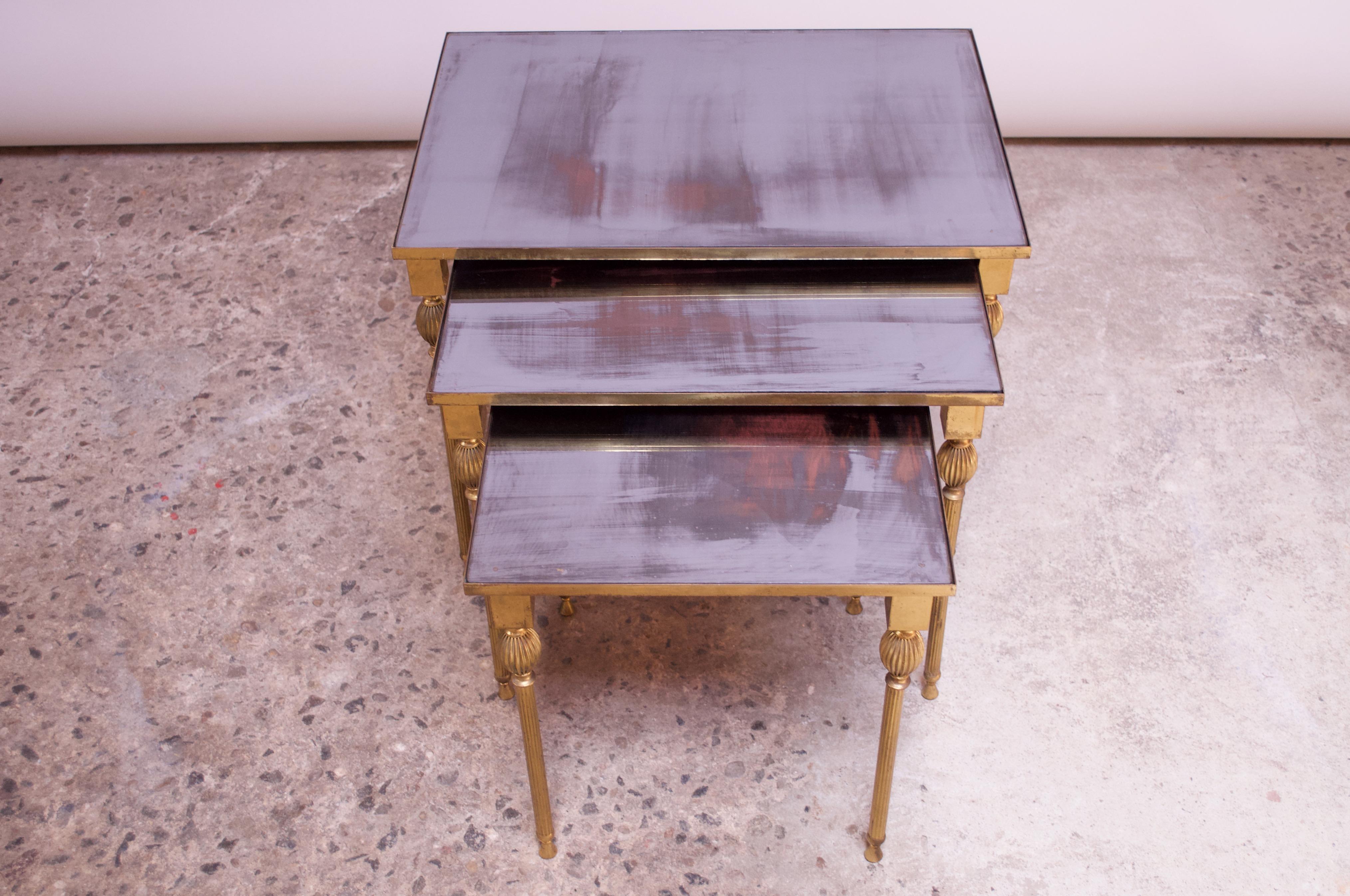 Trio of Brass and Mirror Glass Nesting Tables Attributed to Maison Jansen 1