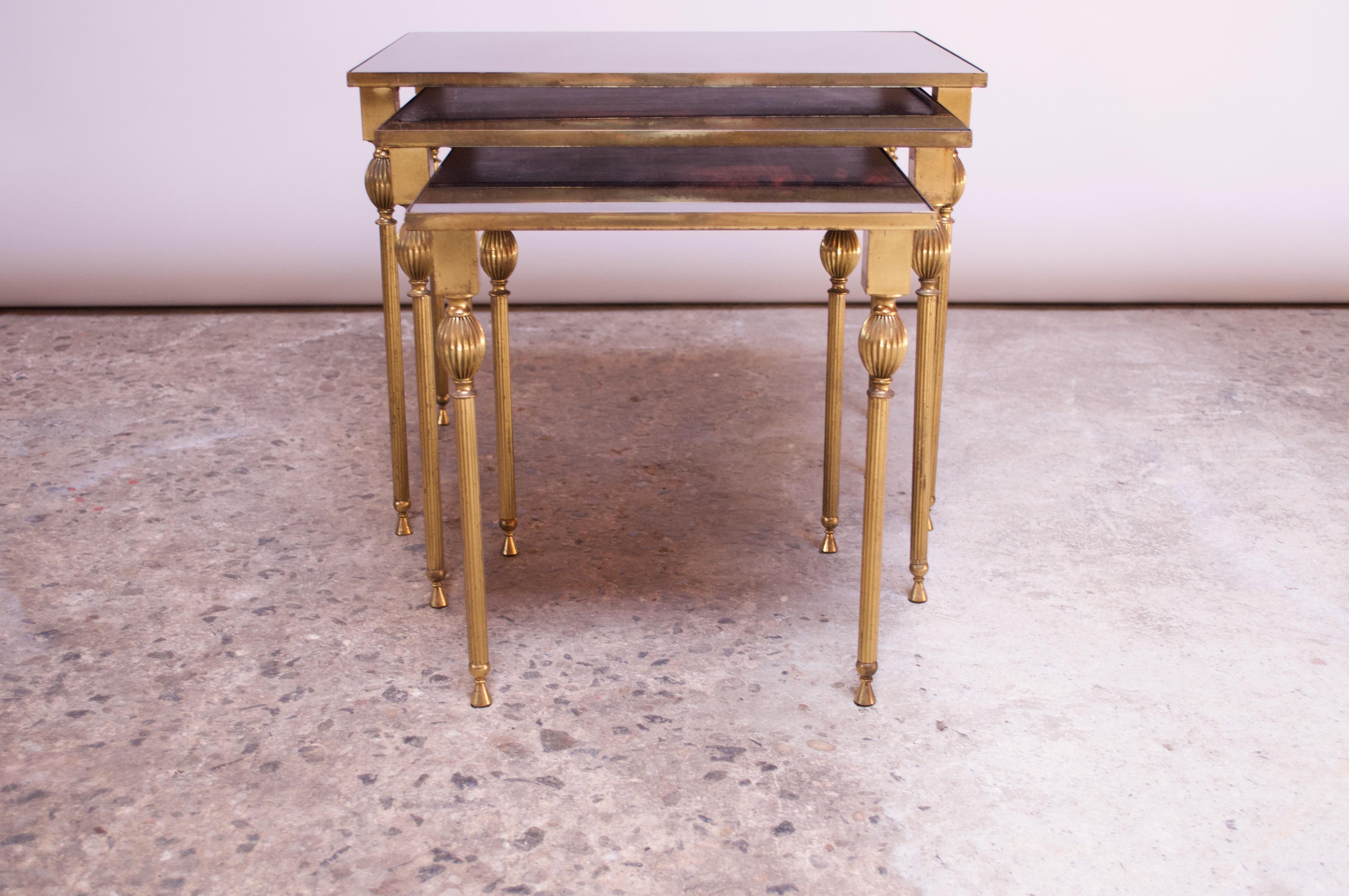 Trio of Brass and Mirror Glass Nesting Tables Attributed to Maison Jansen 2