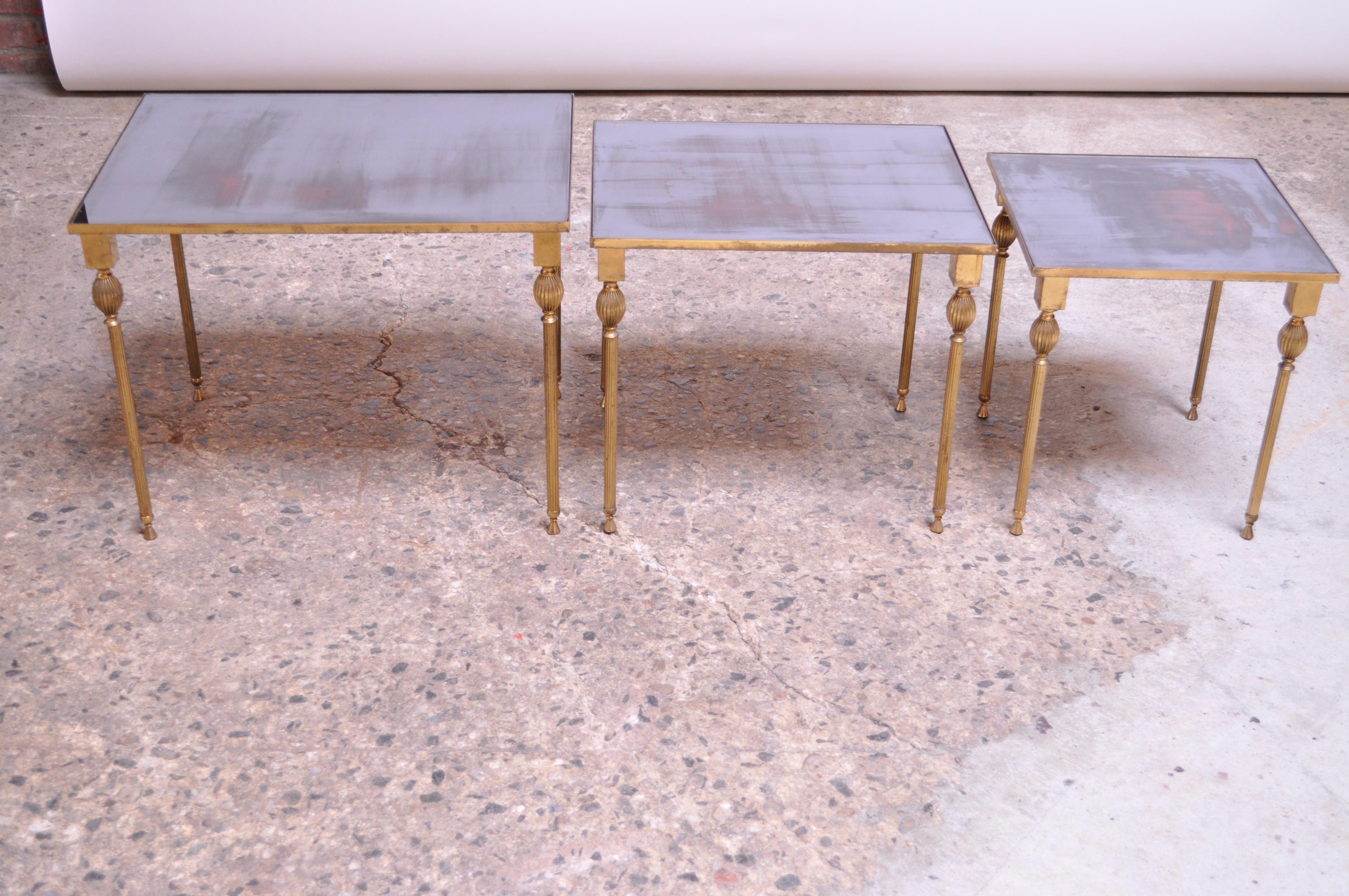 Mid-20th Century Trio of Brass and Mirror Glass Nesting Tables Attributed to Maison Jansen