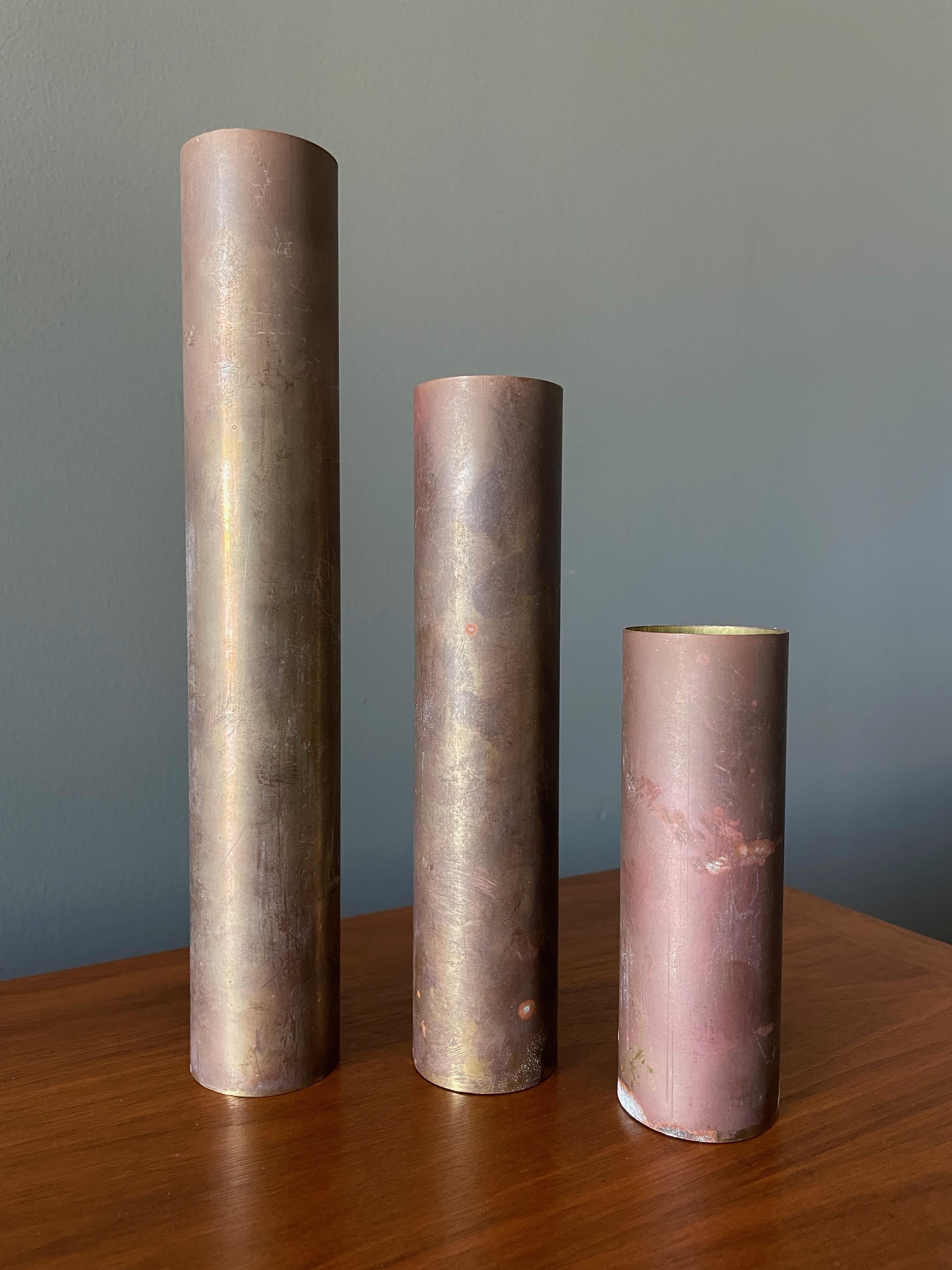 Mid-Century Modern Trio of Brass Candle Holders With Heavy Patina 