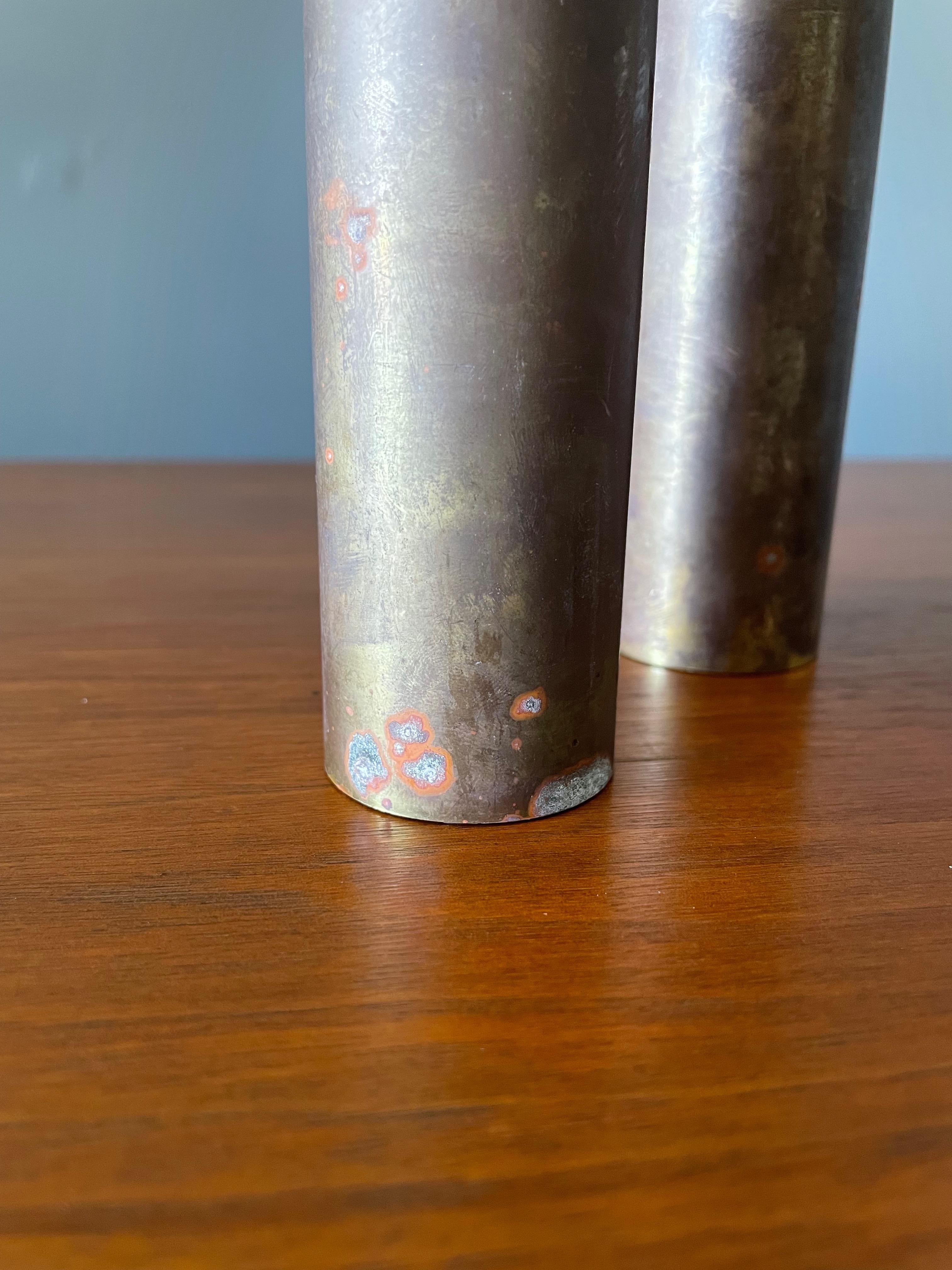 Welded Trio of Brass Candle Holders With Heavy Patina 