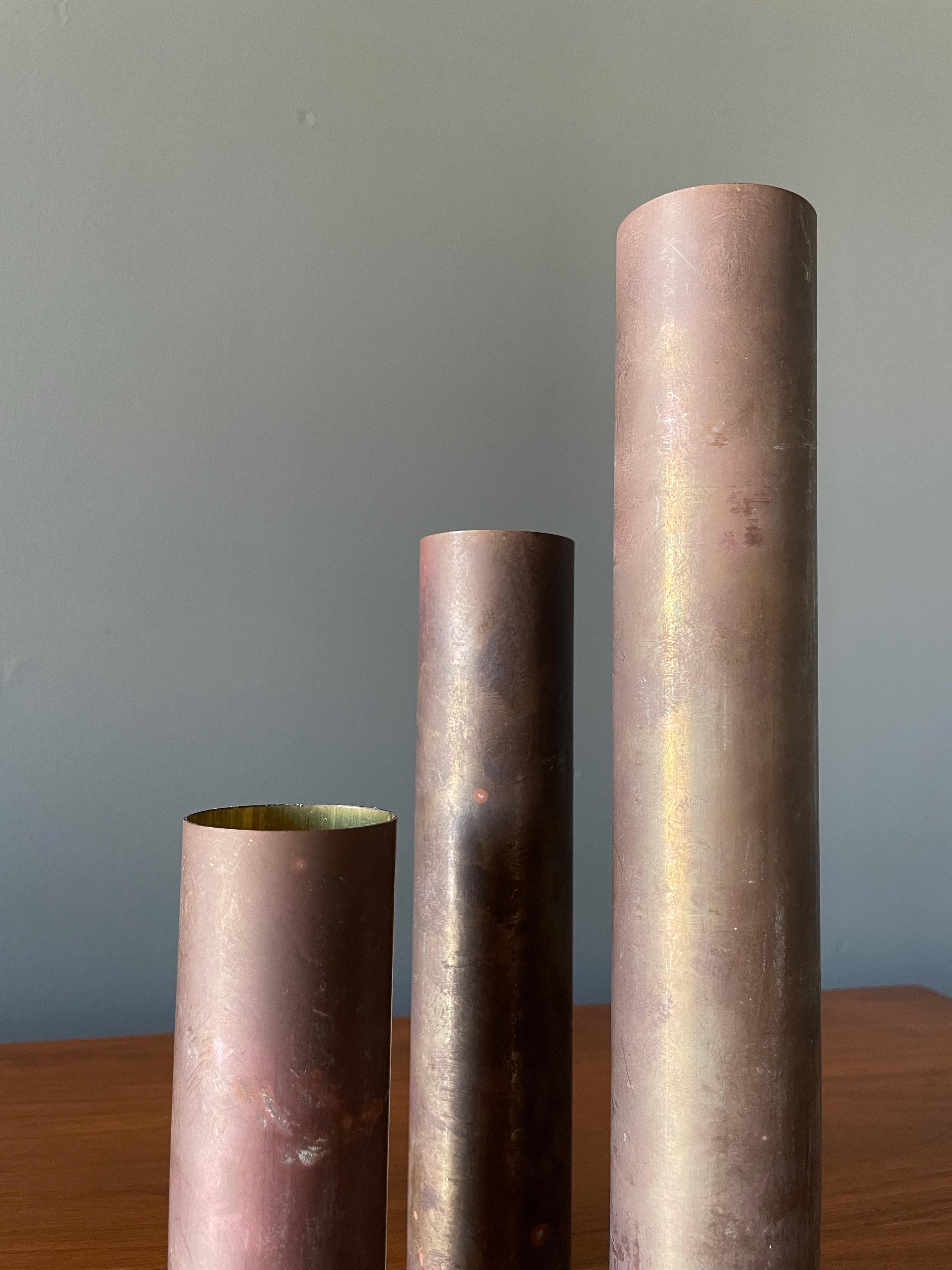 Trio of Brass Candle Holders With Heavy Patina  In Distressed Condition In Costa Mesa, CA
