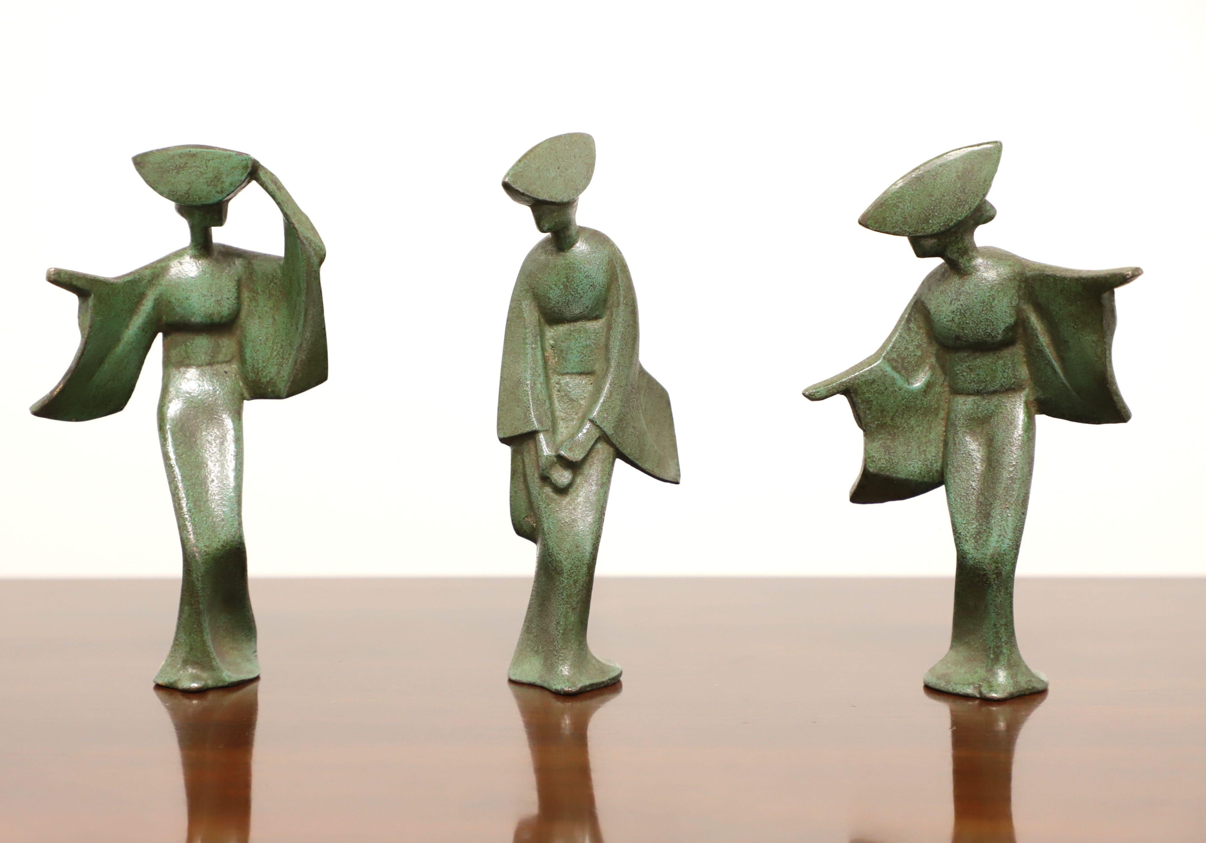 Trio of Bronze Japanese Awa Odori Dancers 2
