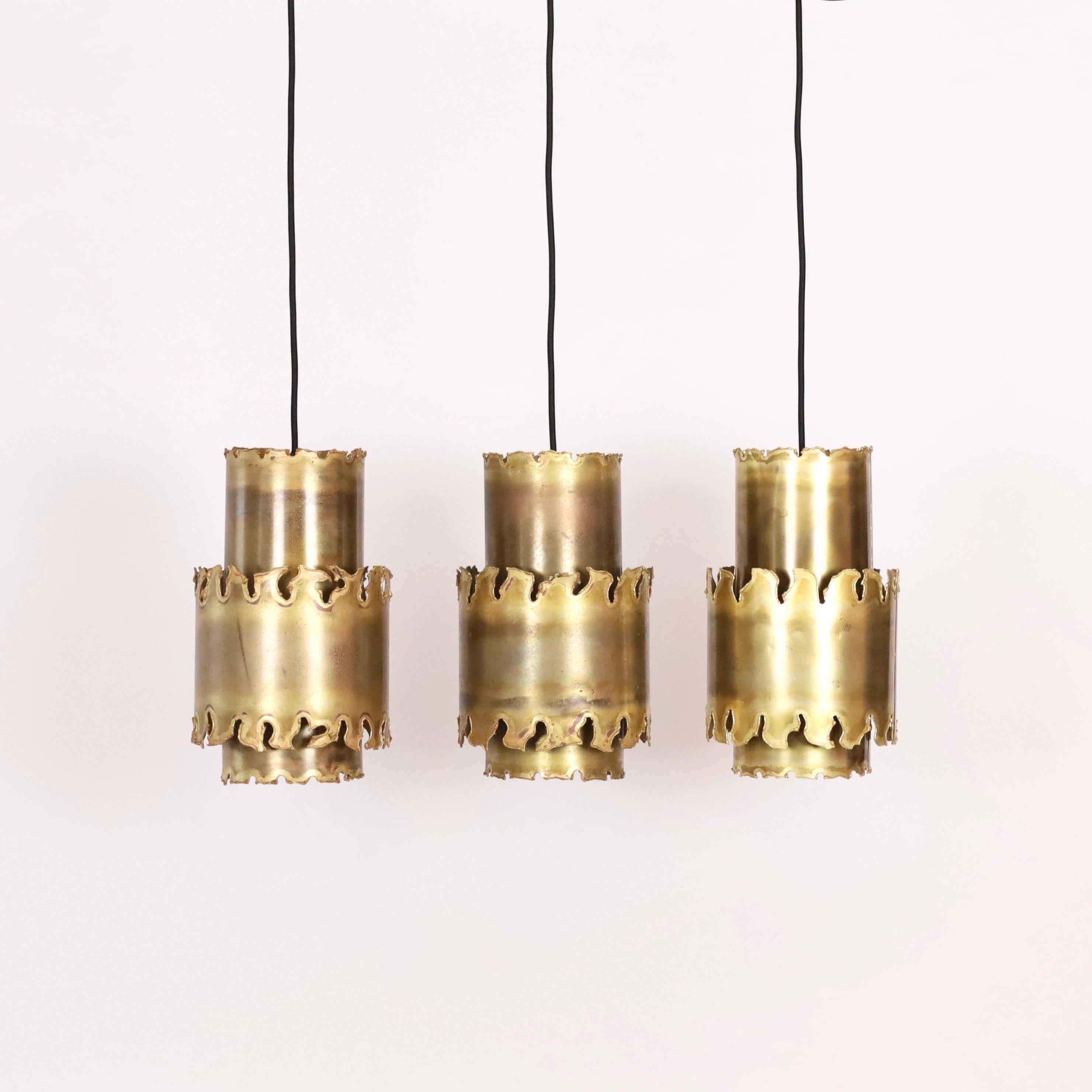 Danish Trio of brutalist brass pendant lights by Holm Sorensen, 1960s, Denmark For Sale