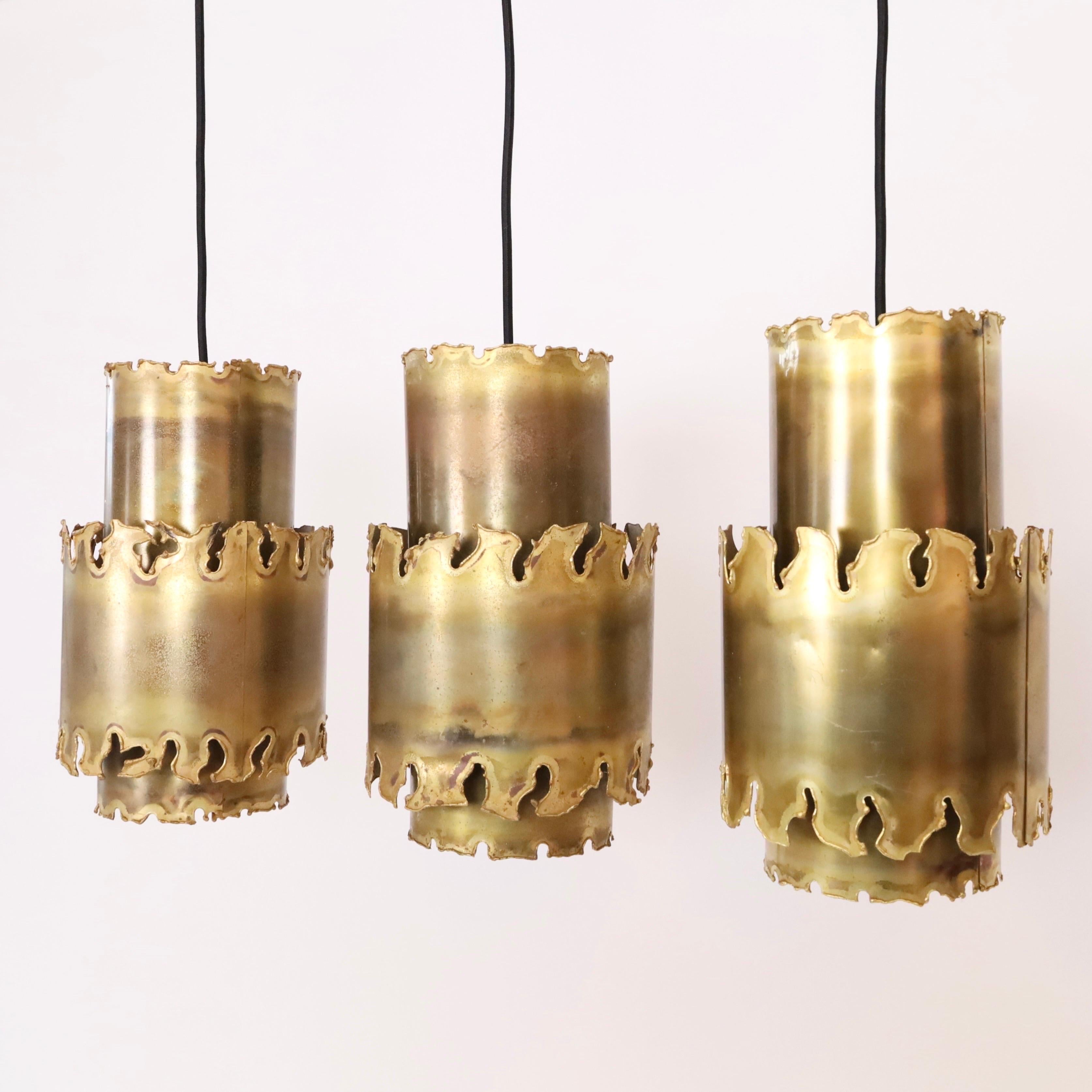 Trio of brutalist brass pendant lights by Holm Sorensen, 1960s, Denmark In Fair Condition For Sale In Værløse, DK