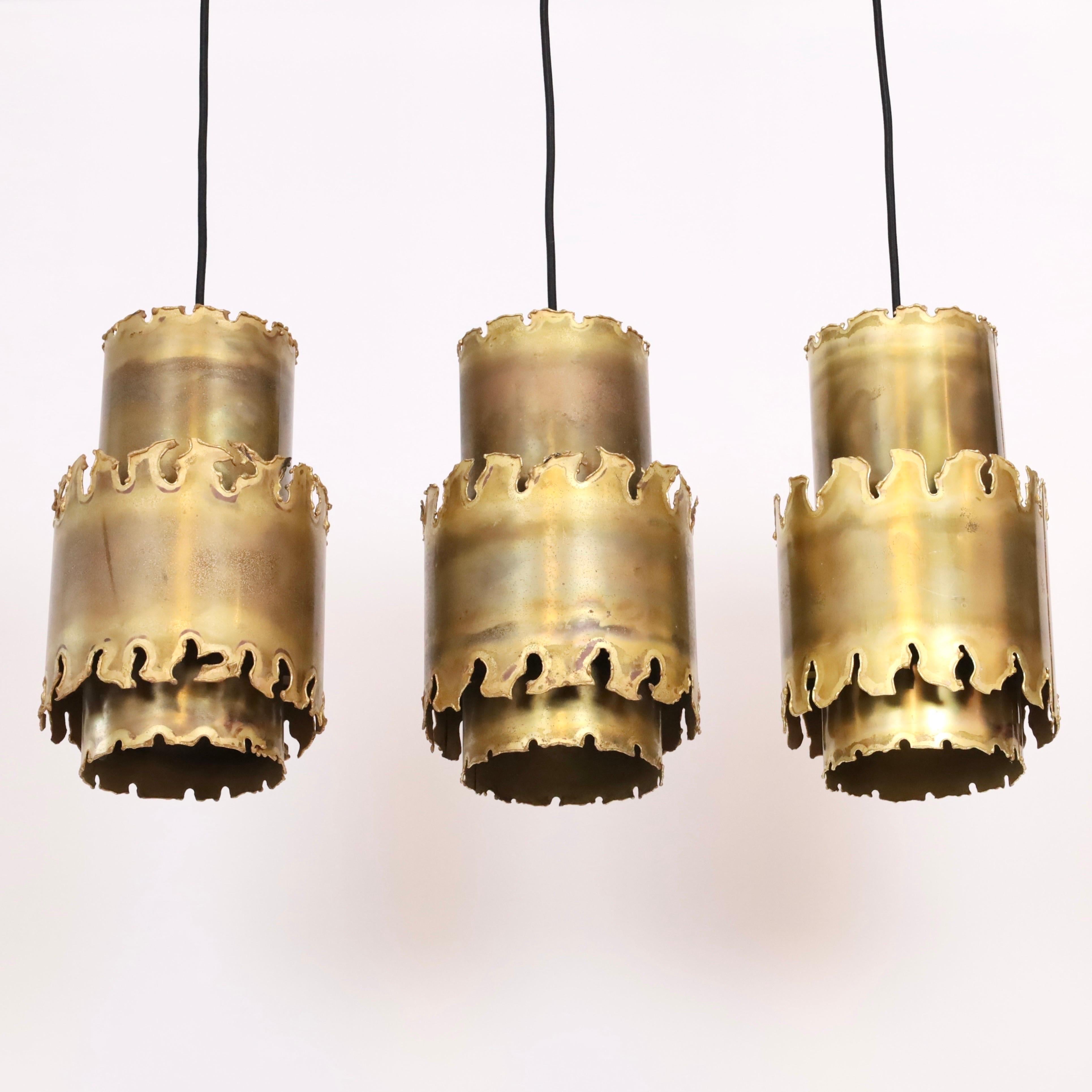 Brass Trio of brutalist brass pendant lights by Holm Sorensen, 1960s, Denmark For Sale