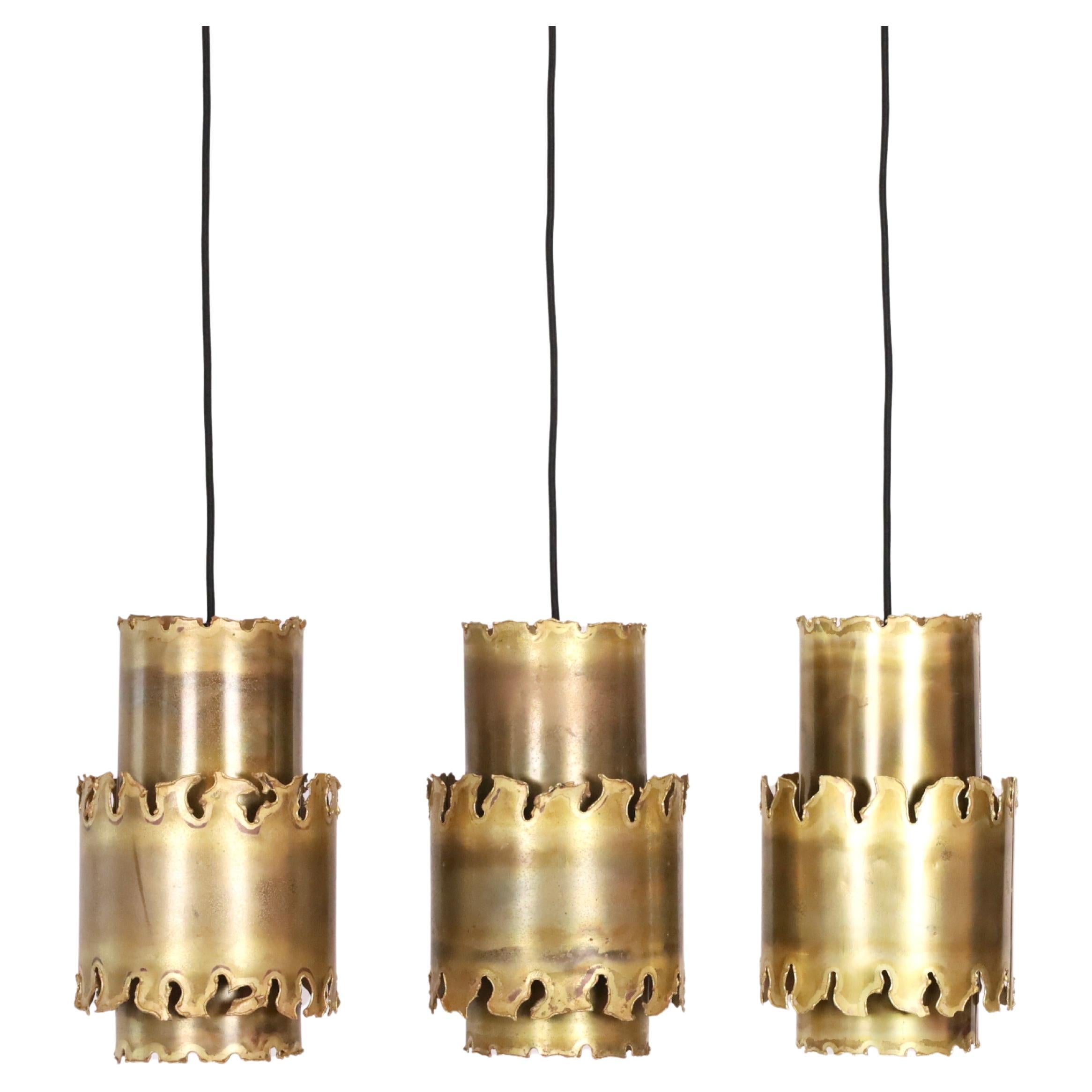 Trio of brutalist brass pendant lights by Holm Sorensen, 1960s, Denmark For Sale