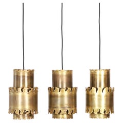 Vintage Trio of brutalist brass pendant lights by Holm Sorensen, 1960s, Denmark