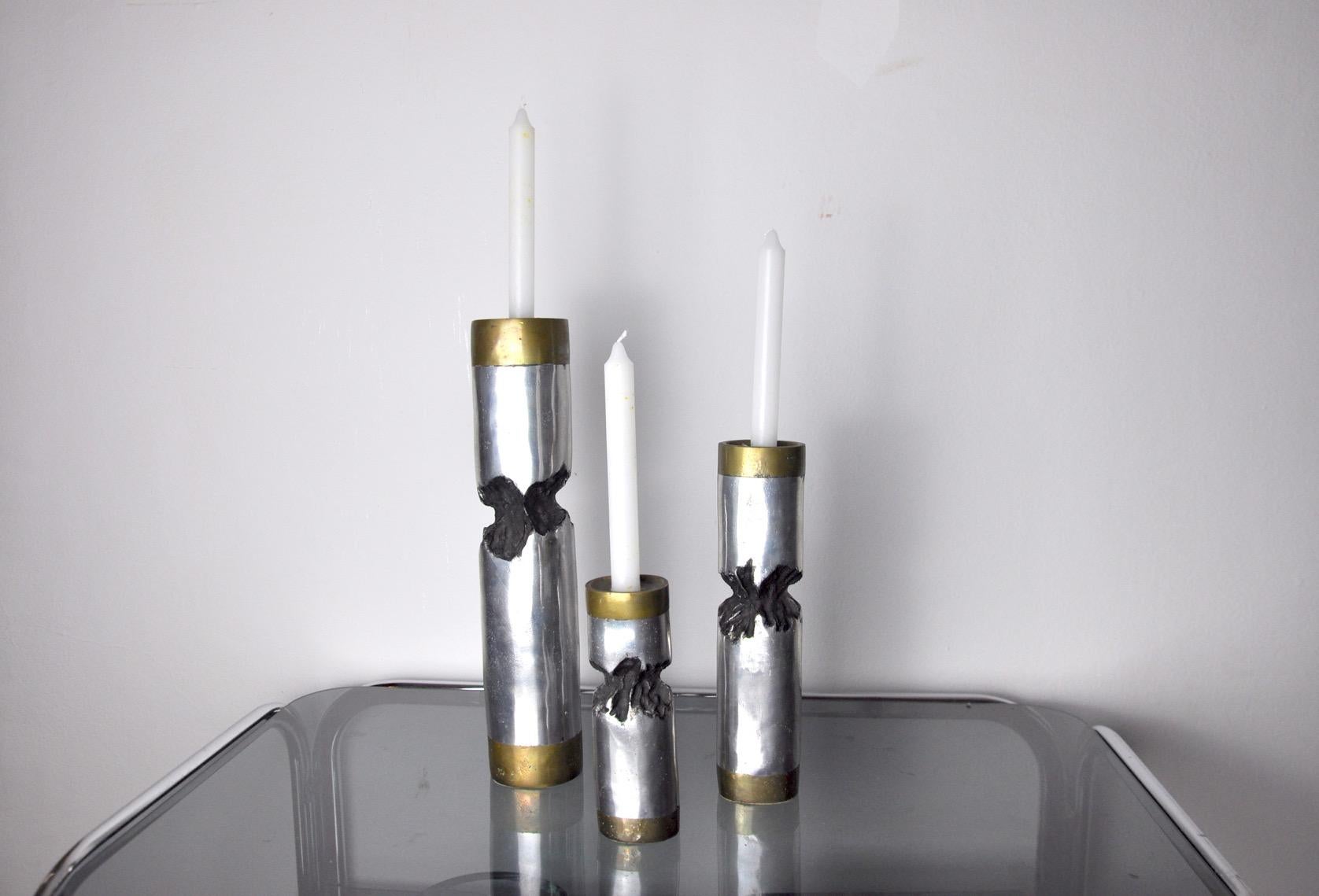 Trio of Brutalist David Marshall Candlesticks, Spain, 1970 In Good Condition For Sale In BARCELONA, ES
