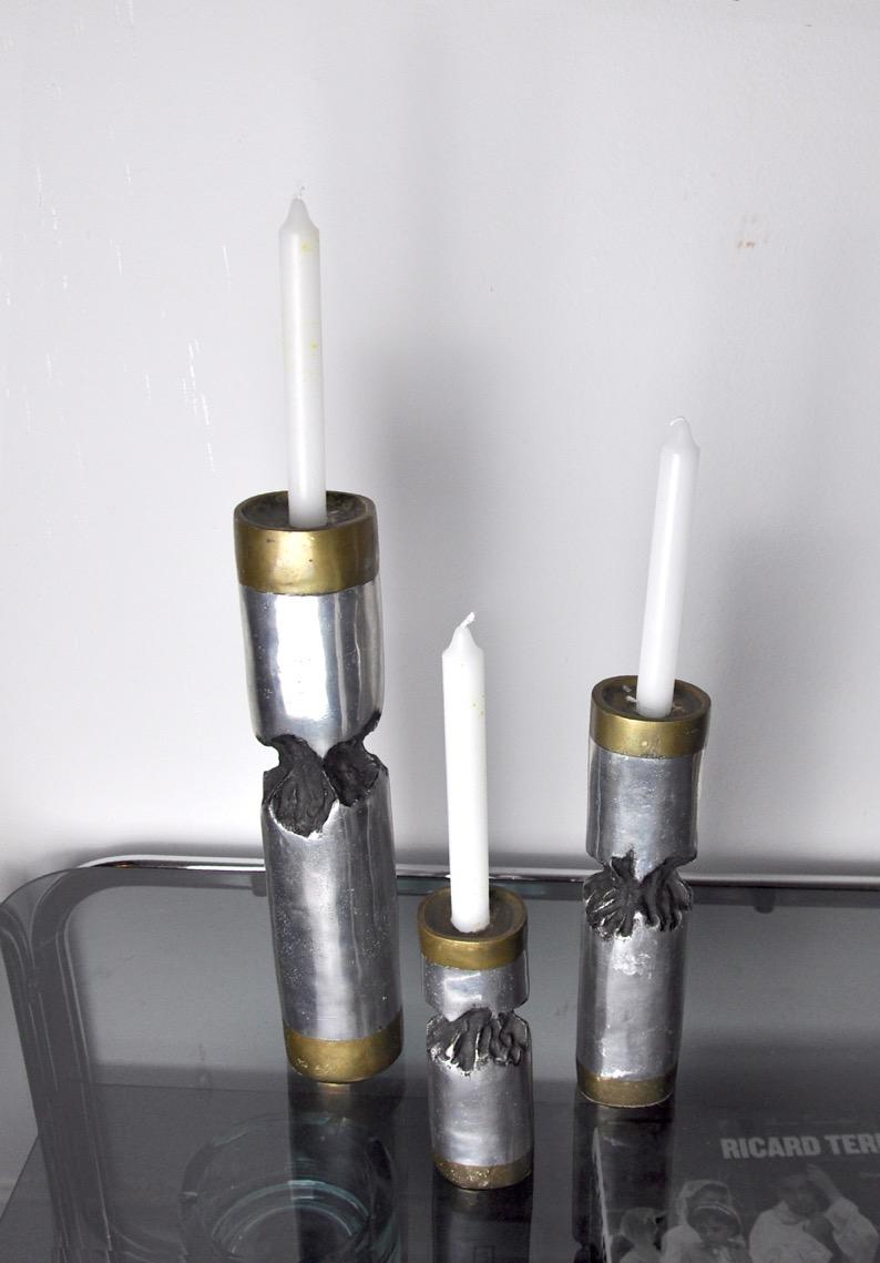 Late 20th Century Trio of Brutalist David Marshall Candlesticks, Spain, 1970 For Sale