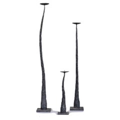 Trio of Brutalist Iron Mid-Century French Candlesticks