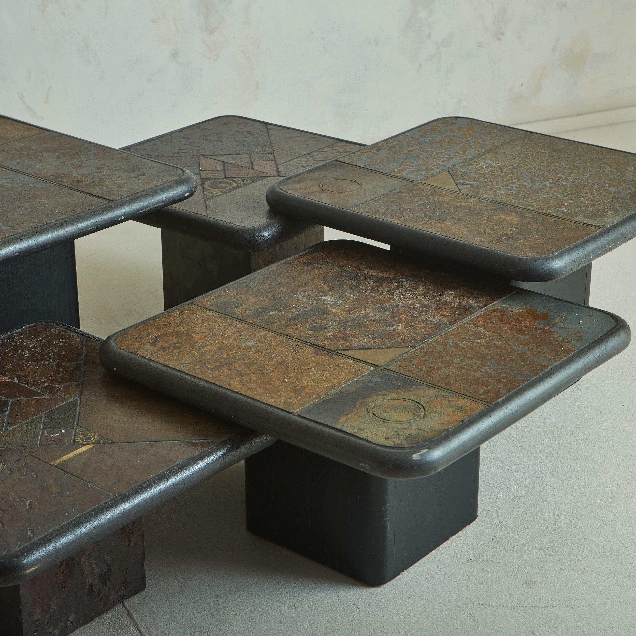 German Trio of Brutalist Mosaic Wood Base Nesting Tables by Paul Kingma for Kneip