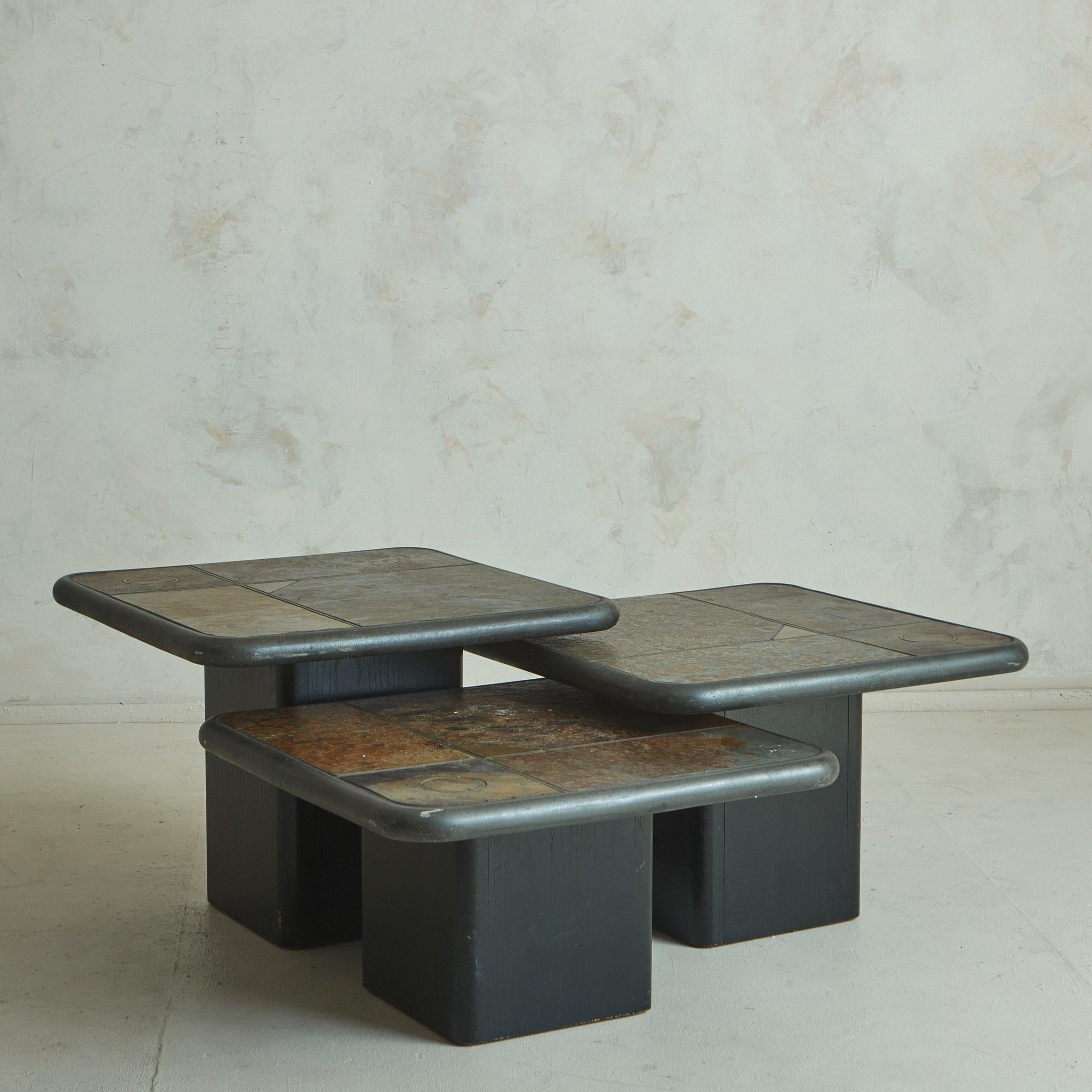 Trio of Brutalist Mosaic Wood Base Nesting Tables by Paul Kingma for Kneip In Good Condition In Chicago, IL
