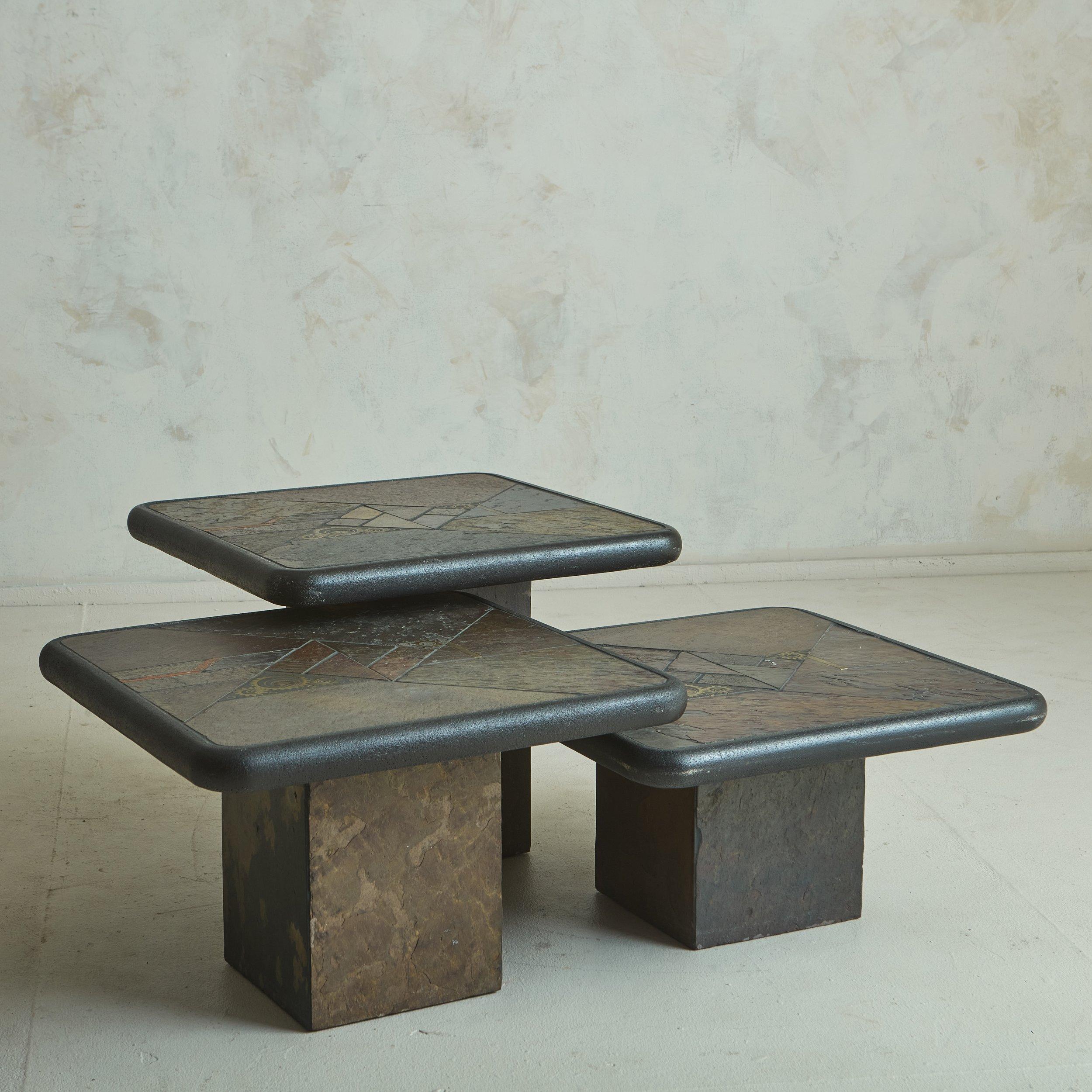 Late 20th Century Trio of Brutalist Mosaic Wood Base Nesting Tables by Paul Kingma for Kneip