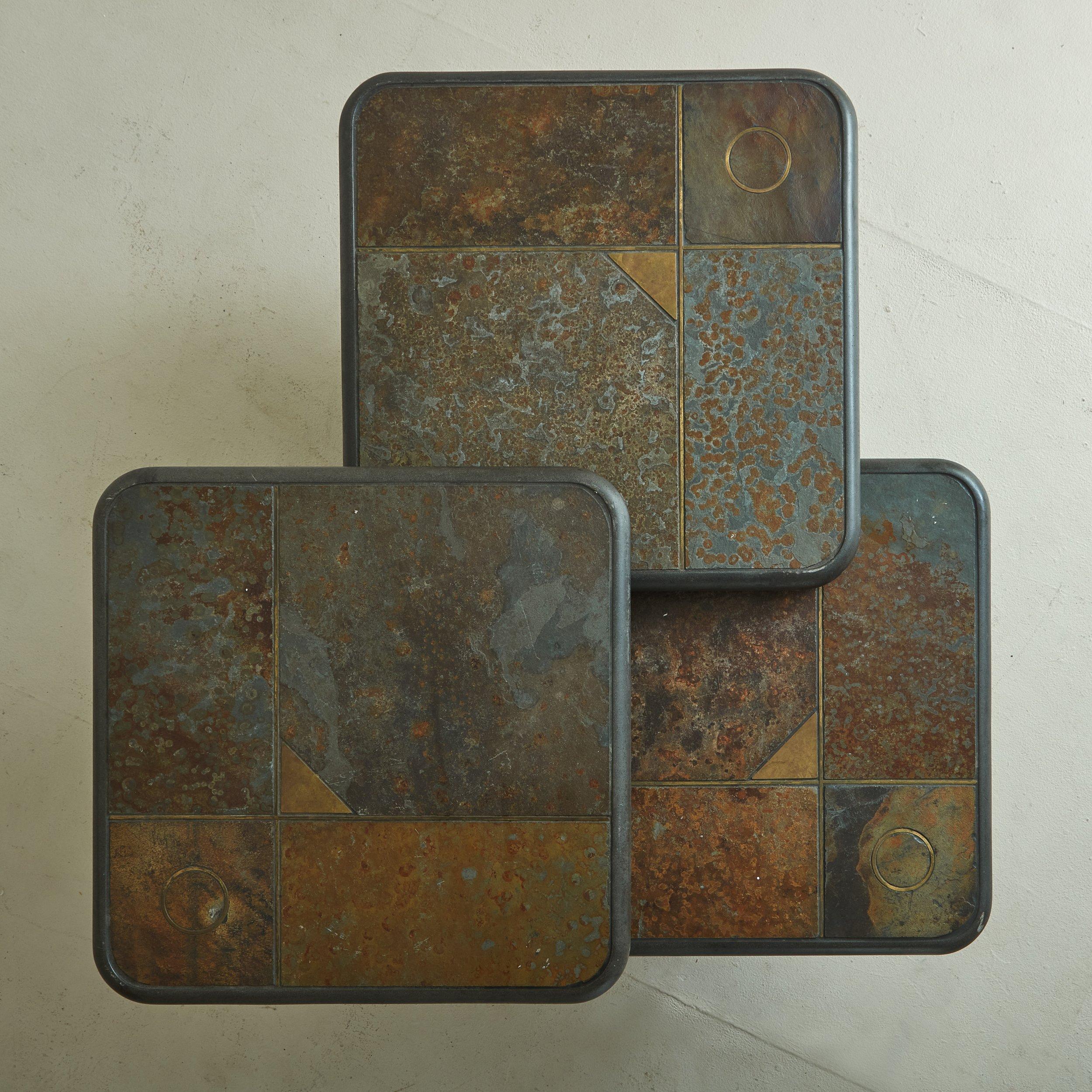 Ceramic Trio of Brutalist Mosaic Wood Base Nesting Tables by Paul Kingma for Kneip