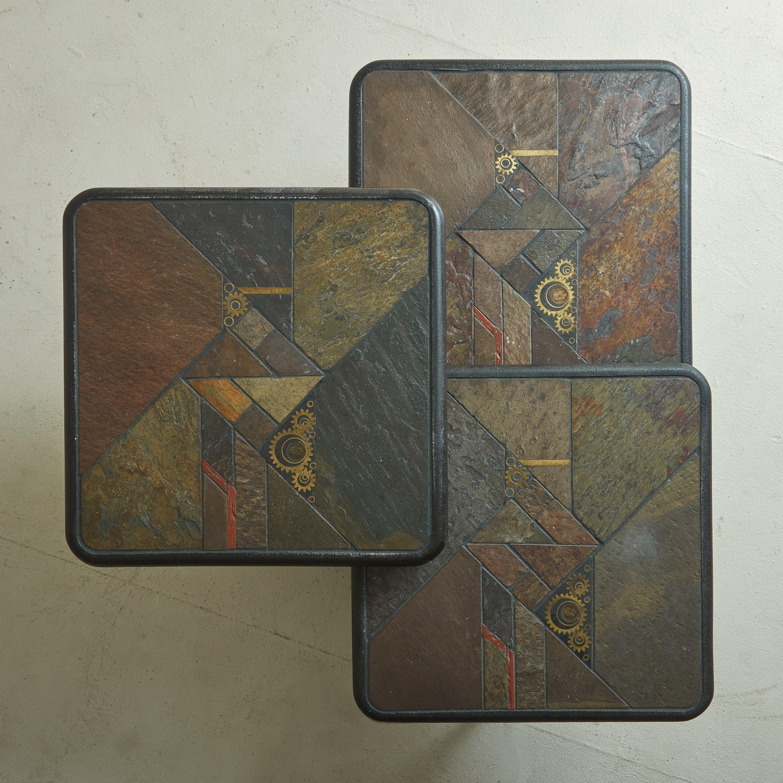 Trio of Brutalist Mosaic Wood Base Nesting Tables by Paul Kingma for Kneip 1