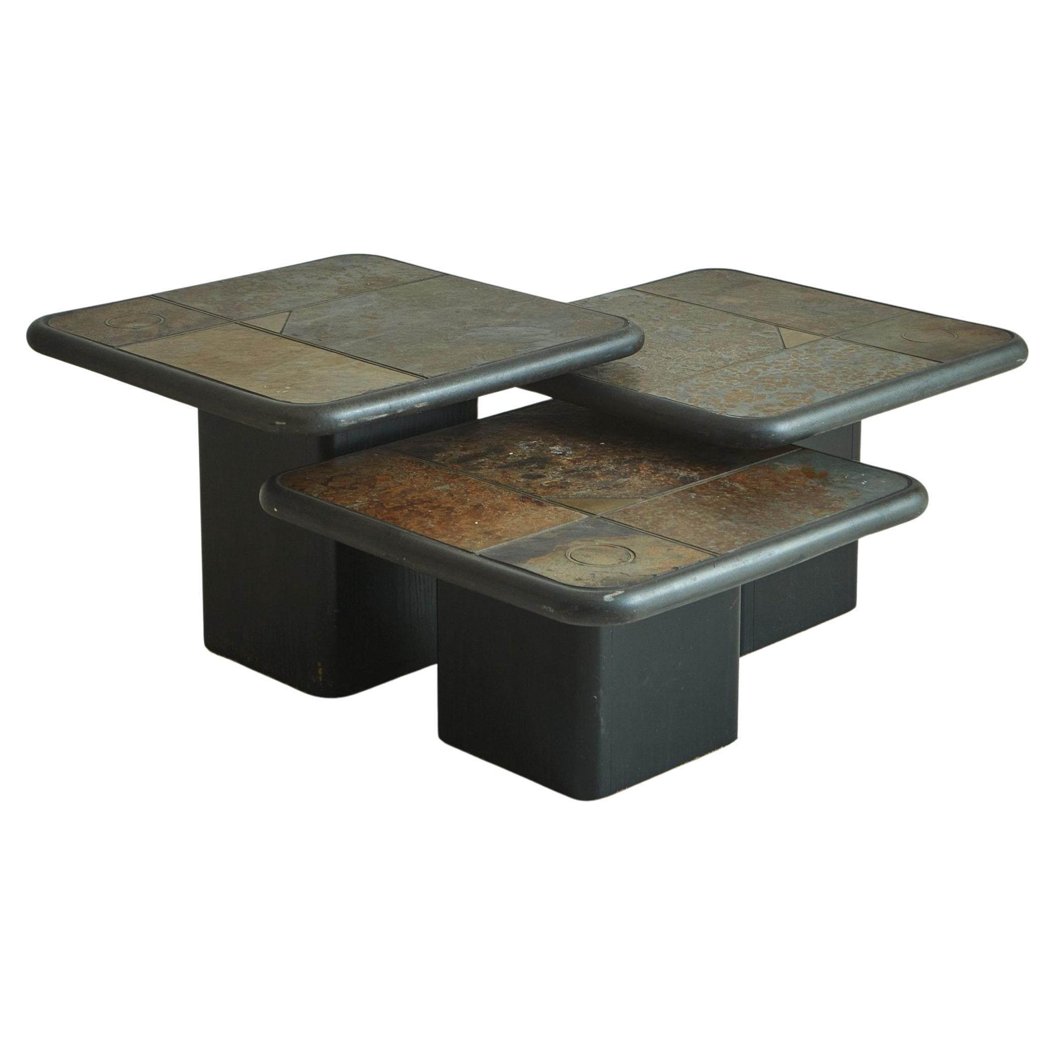 Trio of Brutalist Mosaic Wood Base Nesting Tables by Paul Kingma for Kneip