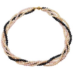Three Color Multi Strand Pearl Necklace w 14K Gold Ball Charm Clasp