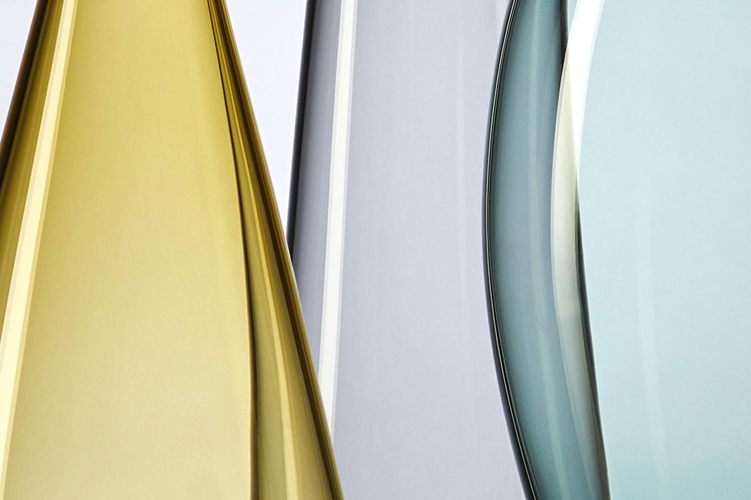 Hand-Crafted Trio of Colorful Amber, Grey, Aqua Blown Glass Bottles with Gold by Vetro Vero For Sale