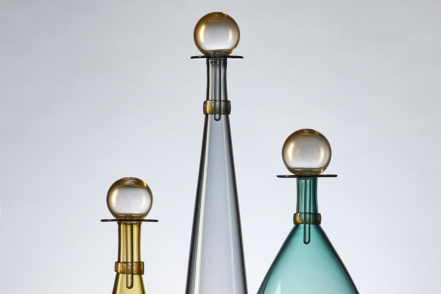 Trio of Colorful Amber, Grey, Aqua Blown Glass Bottles with Gold by Vetro Vero In New Condition For Sale In West Grove, PA