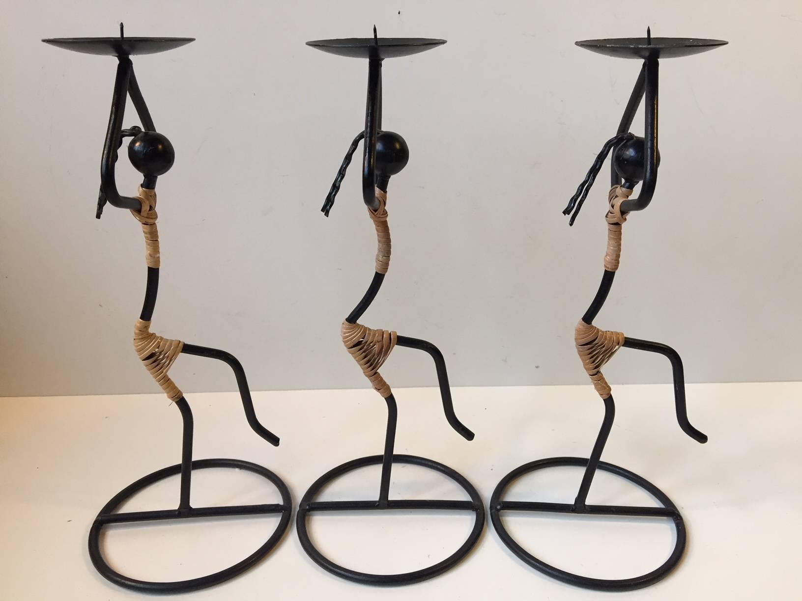 Blackened Trio of Dancing Danish Modernist String Ball Candleholders by Laurids Lonborg