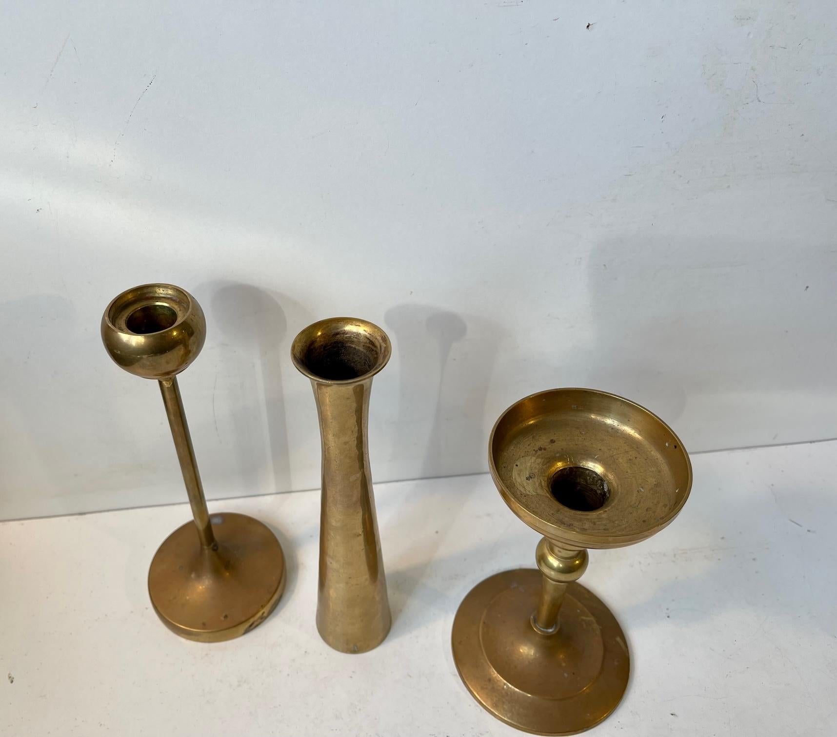 Trio of Danish Modern Brass Candlesticks, 1970s In Good Condition For Sale In Esbjerg, DK