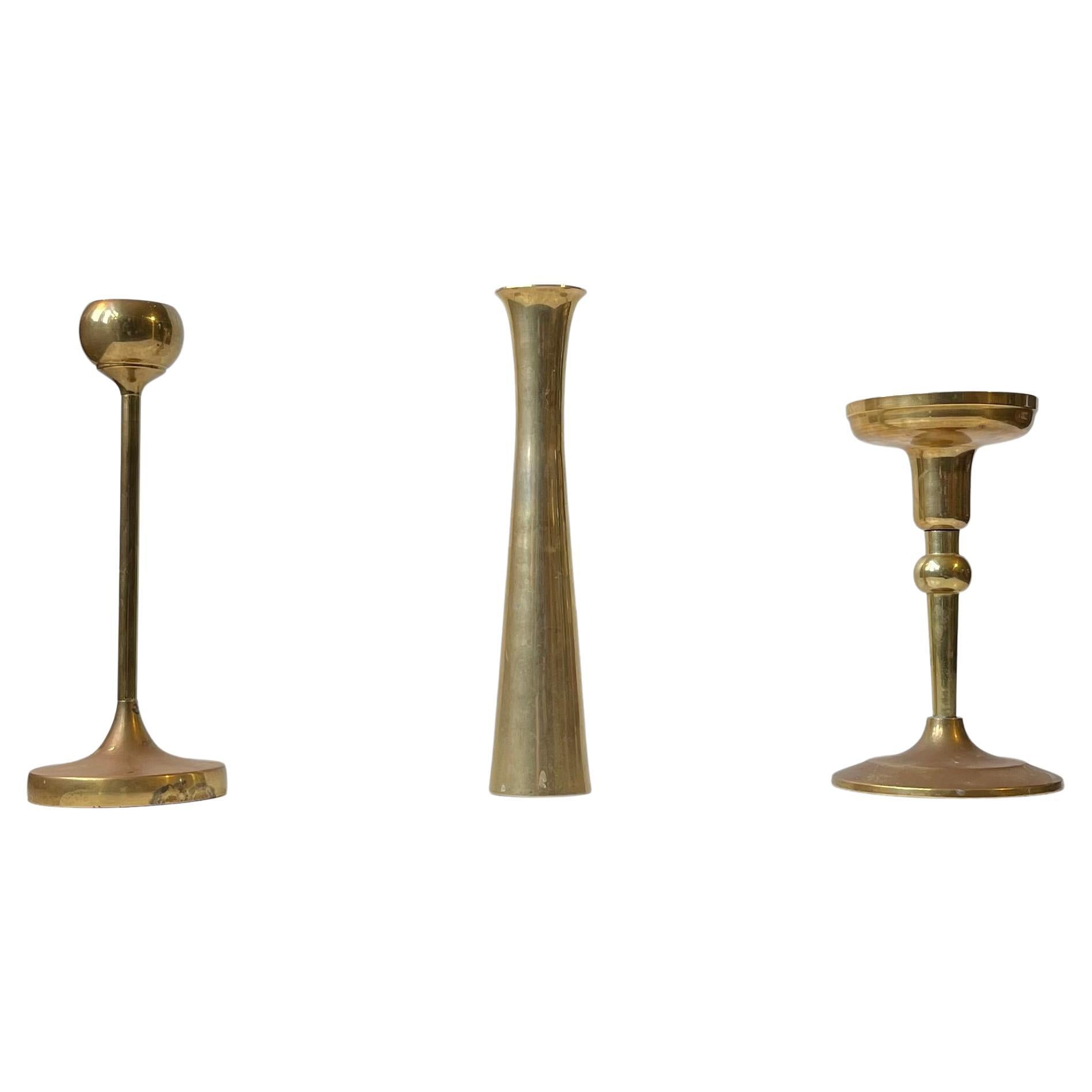Trio of Danish Modern Brass Candlesticks, 1970s For Sale