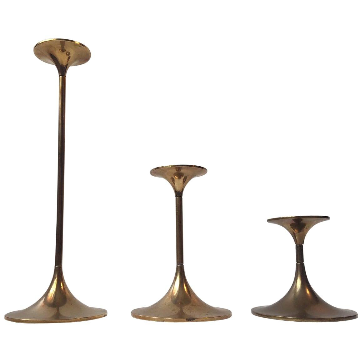Trio of Danish Modern Brass Candlesticks 'HiFi' by Max Brüel for