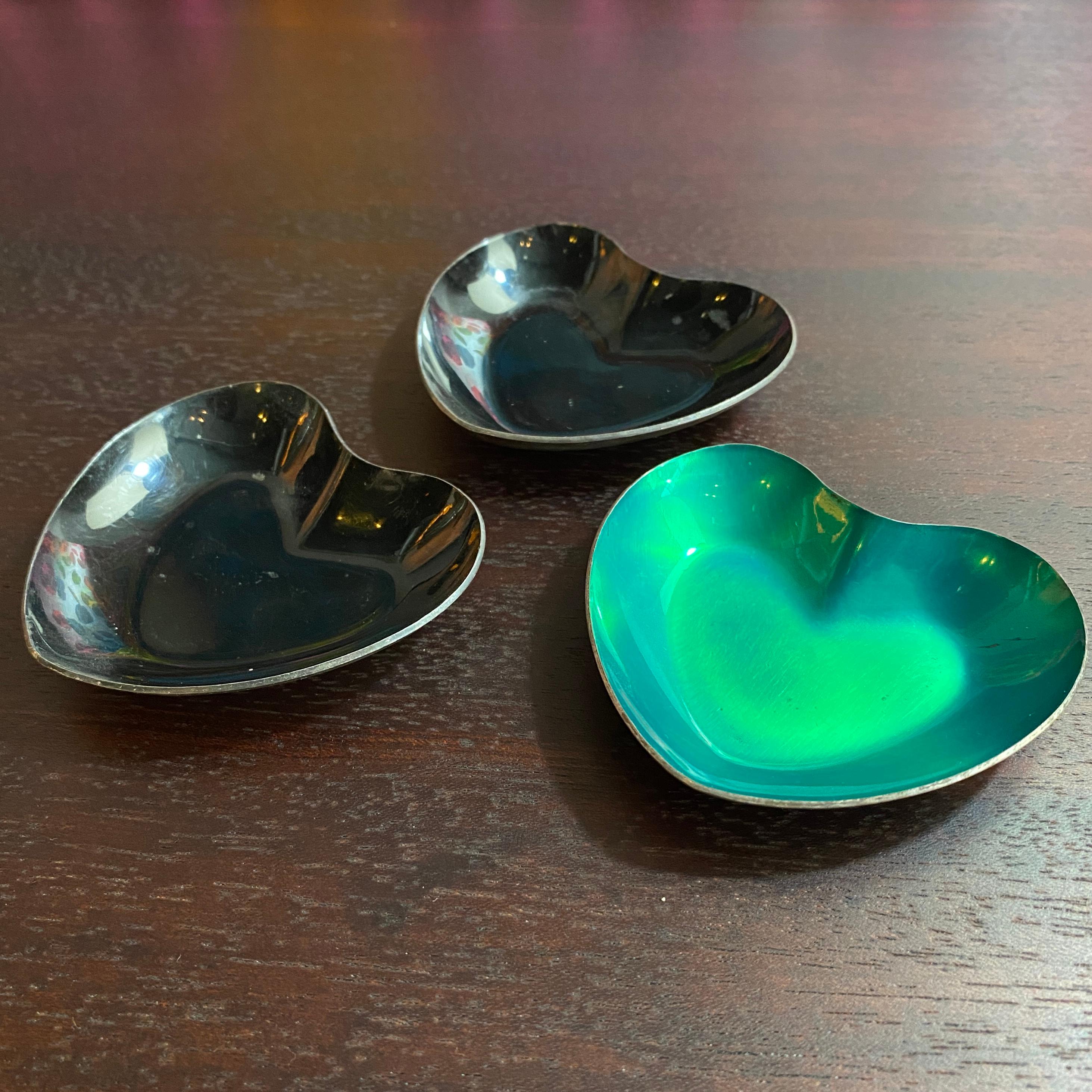 20th Century Trio Of Danish Modern Enameled Sterling Silver Metal Heart Dishes For Sale