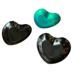 Retro Trio Of Danish Modern Enameled Sterling Silver Metal Heart Dishes