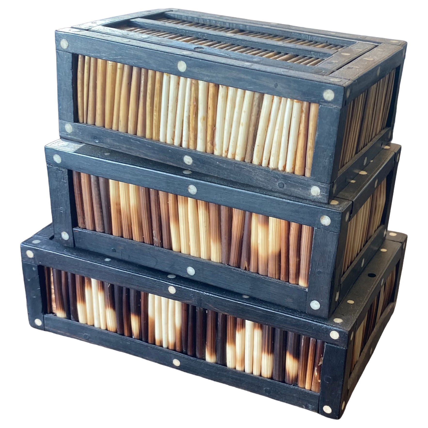 Trio Of Decorative Boxes Covered In Porcupine Quills And Bone, Priced Per Box. For Sale