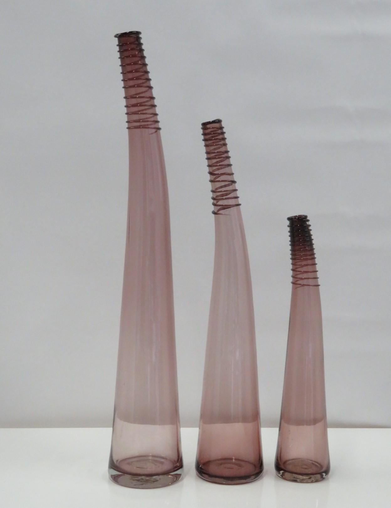 Trio of Don Shepherd Hand Crafted Glass Bent Spiral Neck Vases for Blenko 1988 For Sale 3