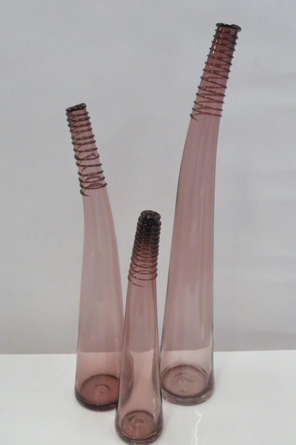 Modern Trio of Don Shepherd Hand Crafted Glass Bent Spiral Neck Vases for Blenko 1988 For Sale