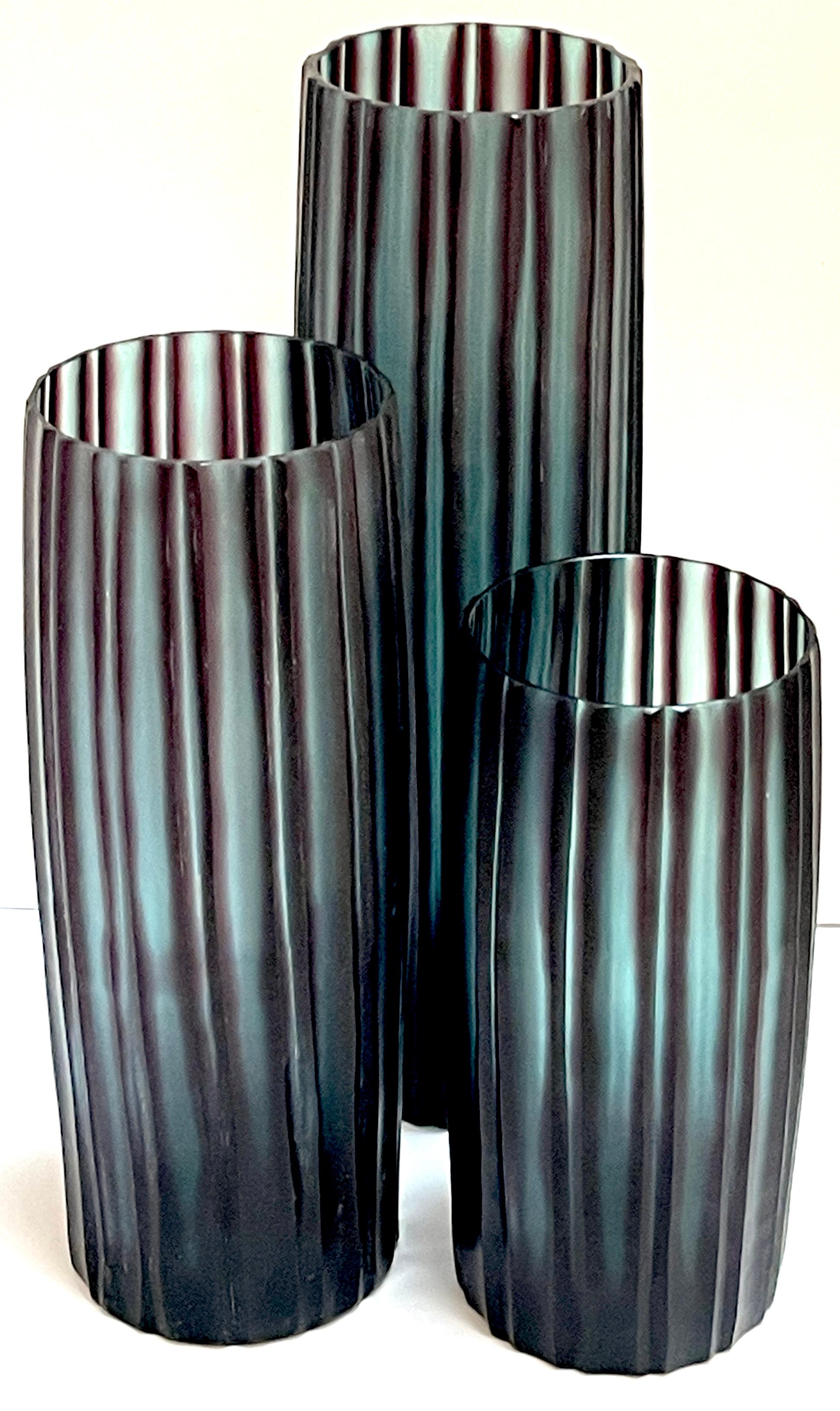 Modern Trio of Donghia Carved Murano Glass 'Bamboo' Vases For Sale