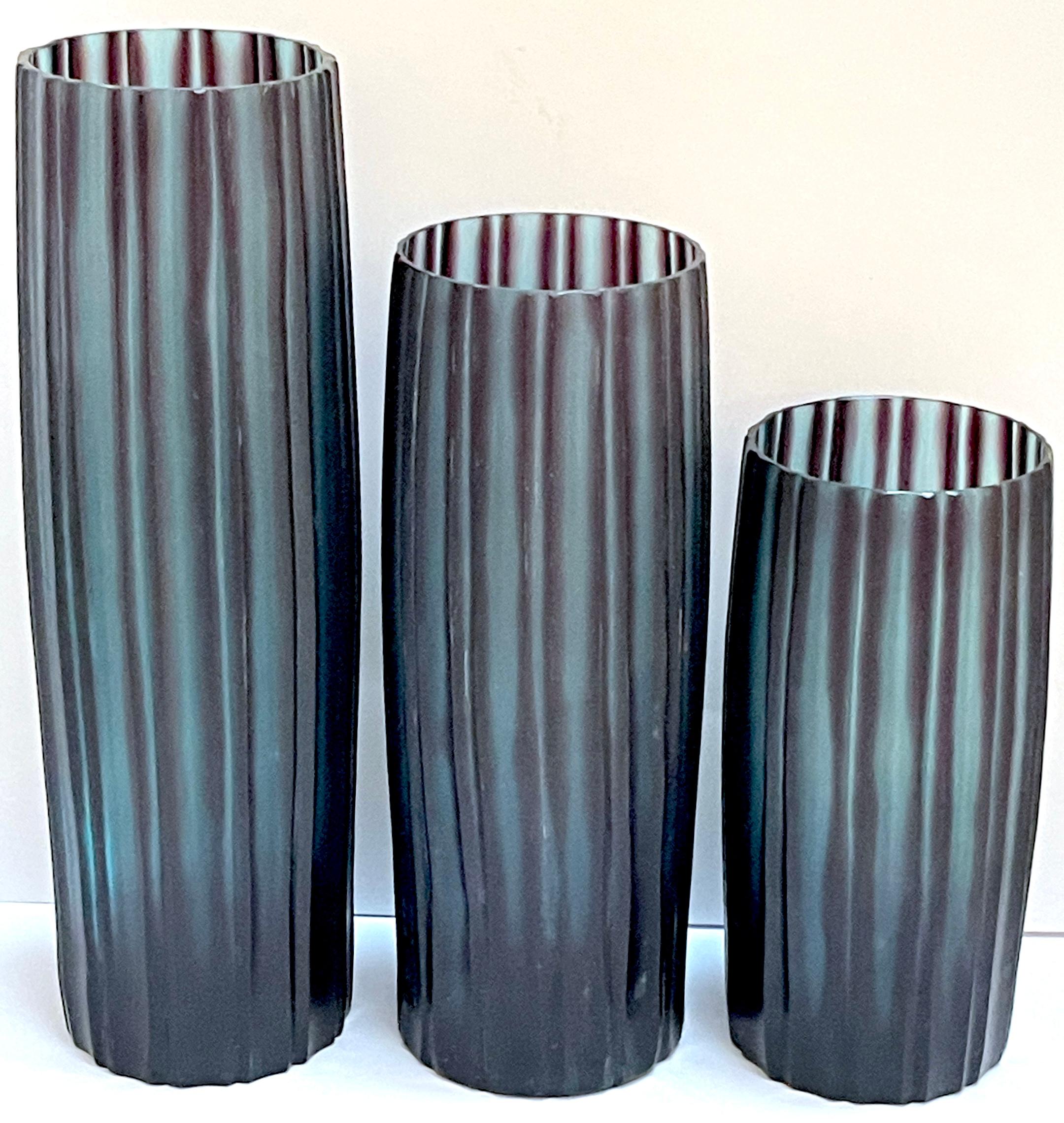 Italian Trio of Donghia Carved Murano Glass 'Bamboo' Vases For Sale
