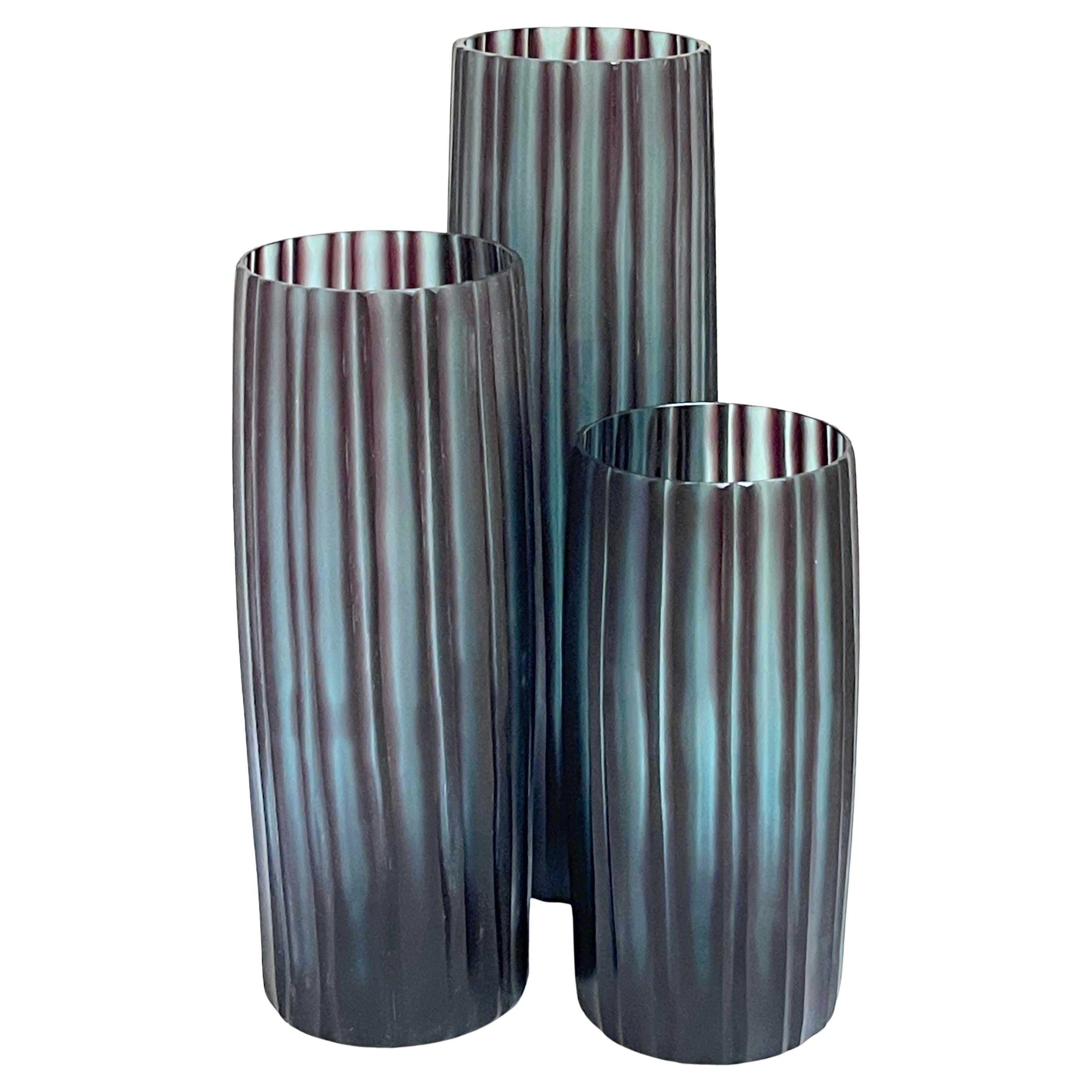Trio of Donghia Carved Murano Glass 'Bamboo' Vases For Sale