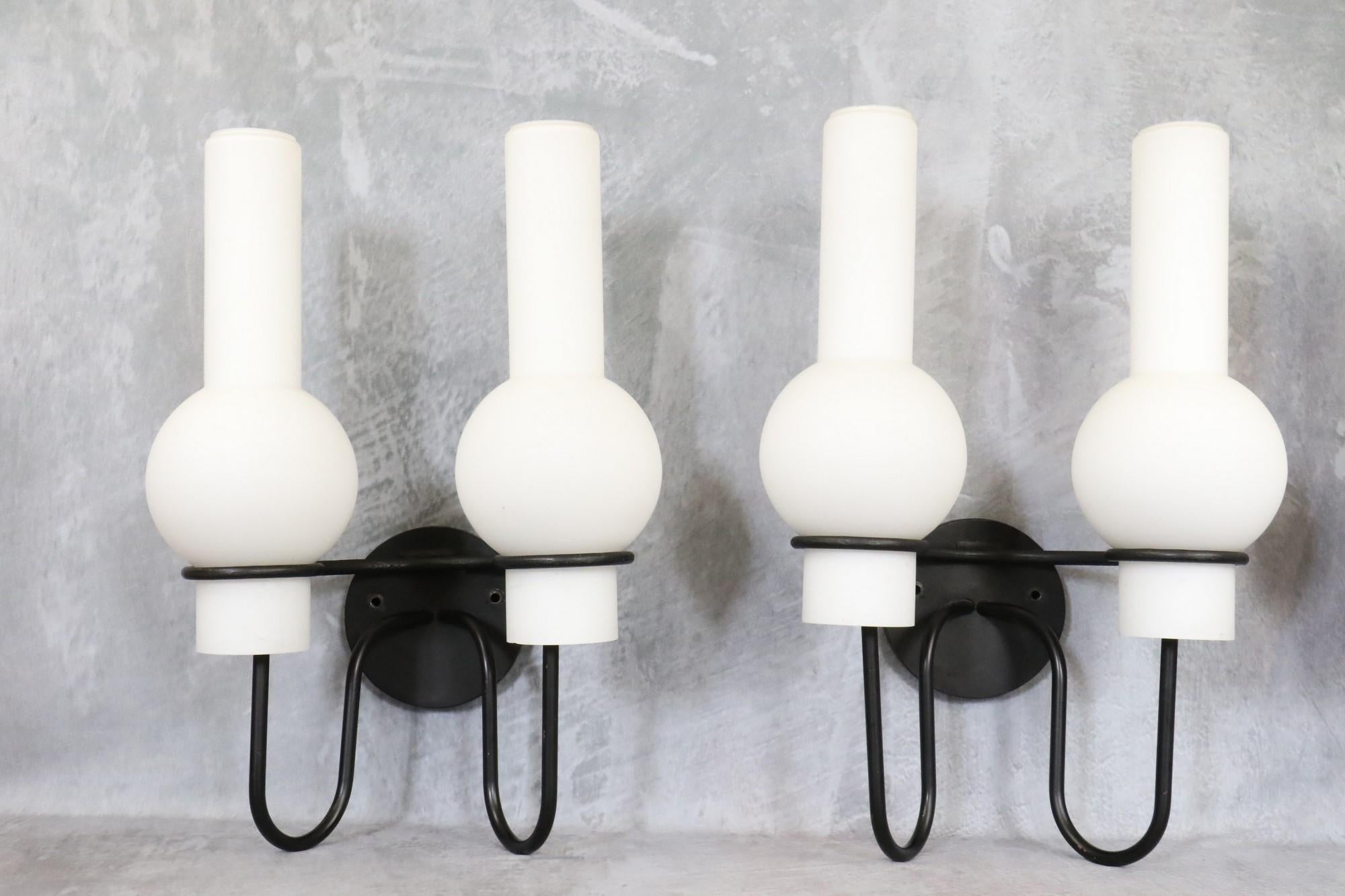 Mid-Century Modern Trio of Double Sconces RAAK in Opaline and Metal, Netherlands, 1970