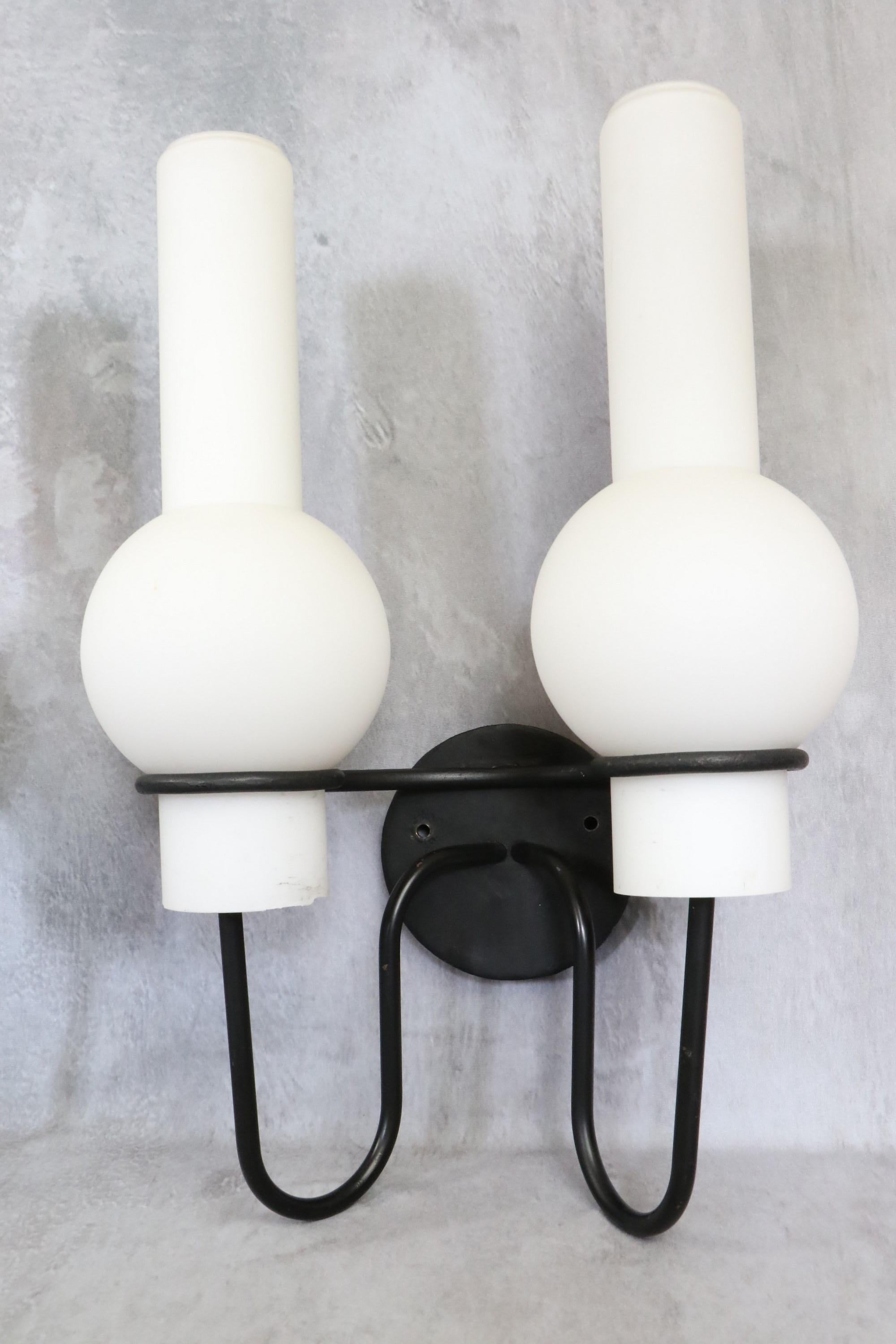 Trio of Double Sconces RAAK in Opaline and Metal, Netherlands, 1970 1