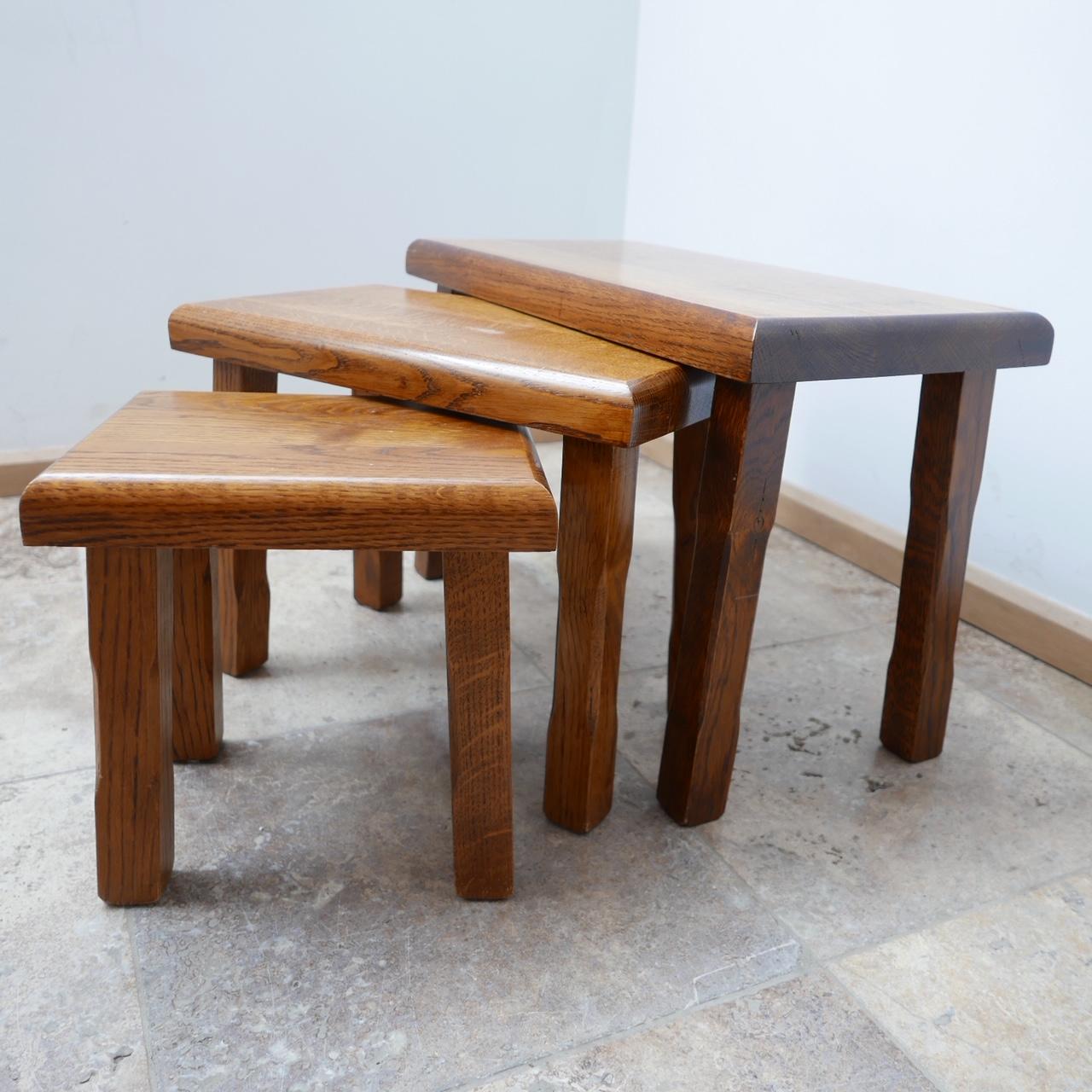 A trio of oak nesting tables or side tables.

Holland, c1970s. 

Useful, stylish and functional. 

Can be used in a nest, or set around the room as side tables. 

Dimensions: 59.5 W x 30 D x 39.5 H in cm. 

Delivery: POA.


